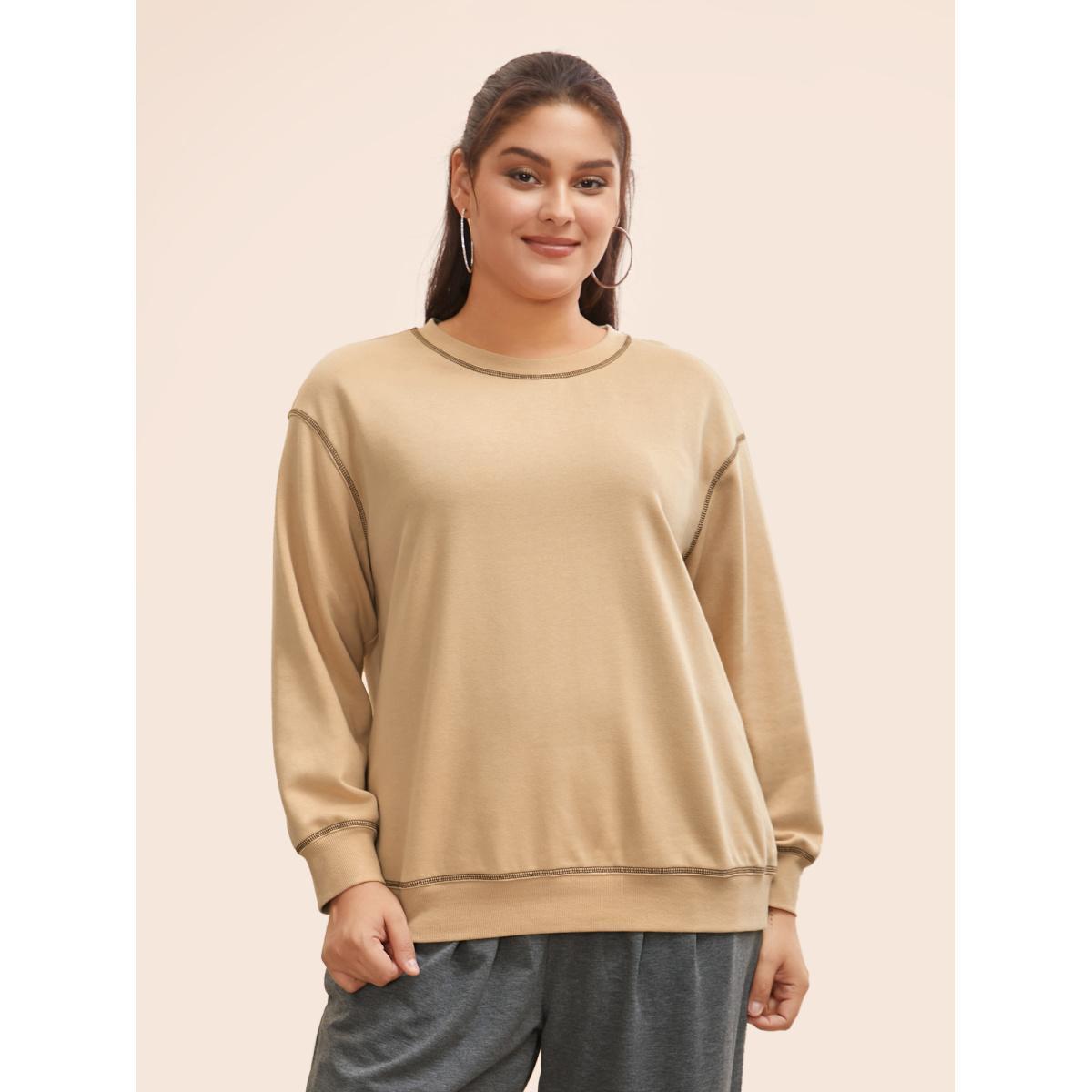 Plus Size Round Neck Topstitching Patchwork Sweatshirt Women Champagne Casual Topstitching Round Neck Everyday Sweatshirts BloomChic 10/M Product Image