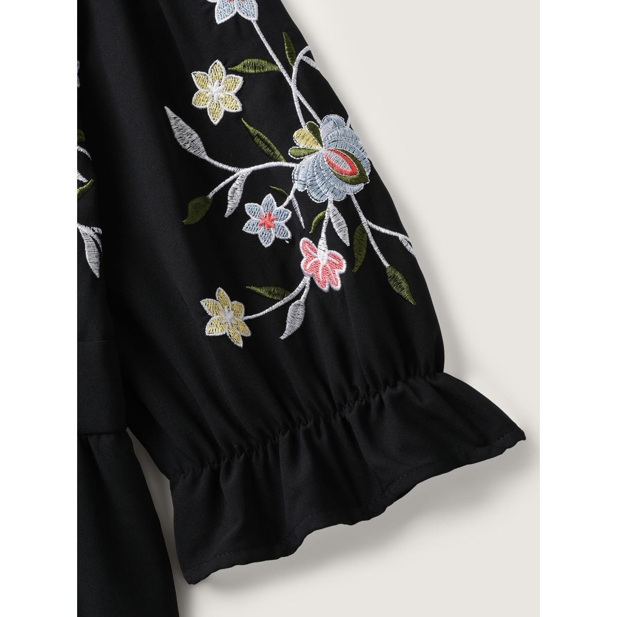 Plus Size Floral Embroidered V-Neck Pockets Knee Dress Black Women V-neck Elbow-length sleeve Curvy BloomChic 18-20/2X Product Image