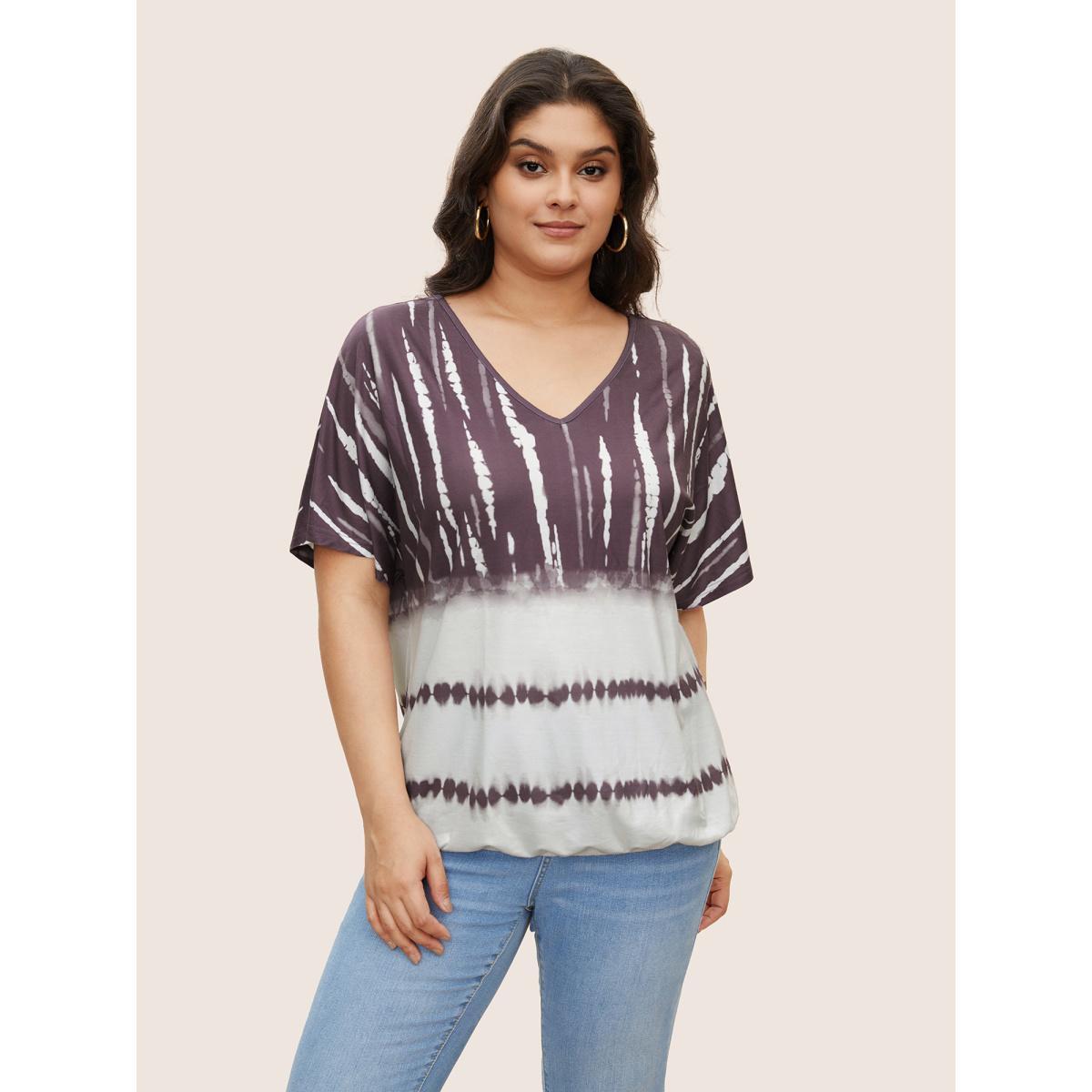 Plus Size Tie Dye Batwing Sleeve T-shirt Mauve Women Casual Tie Dye V-neck Everyday T-shirts BloomChic 14-16/1X Product Image
