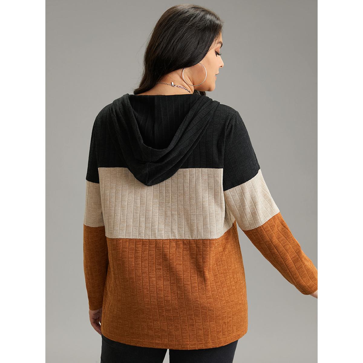 Plus Size Rib Knit Colorblock Contrast Half Zip Hooded Sweatshirt Women Black Casual Texture Hooded Dailywear Sweatshirts BloomChic 26/4X Product Image