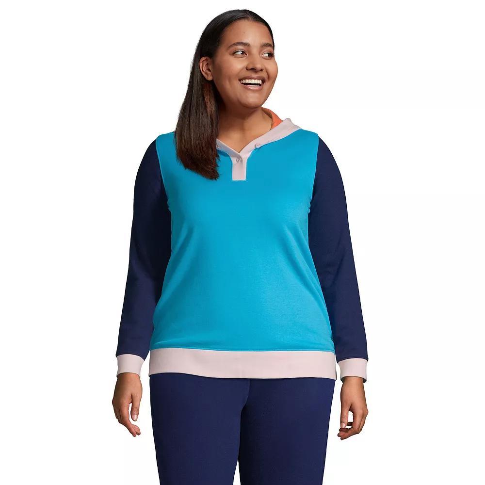 Plus Size Lands' End Serious Sweats Long Sleeve Button Hoodie, Women's, Size: 1XL, Turquoise Colorblock Product Image