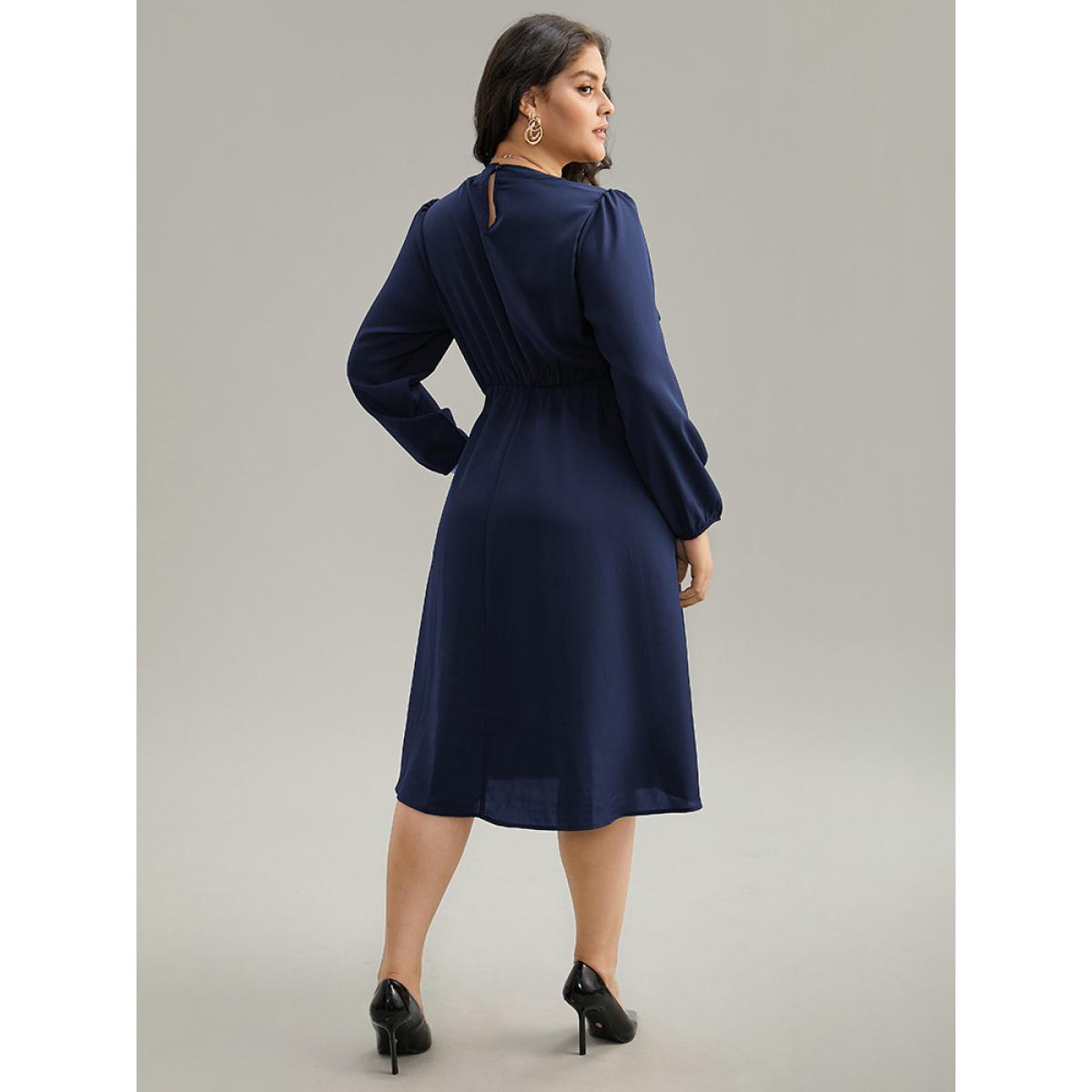 Plus Size Static-Free Metal Detail Plicated Detail Dress Navy Women Office Elastic cuffs Round Neck Long Sleeve Curvy Midi Dress BloomChic 12/L Product Image