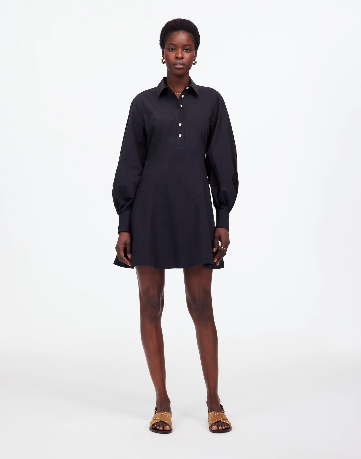 Seamed Long-Sleeve Mini Shirtdress in Poplin Product Image