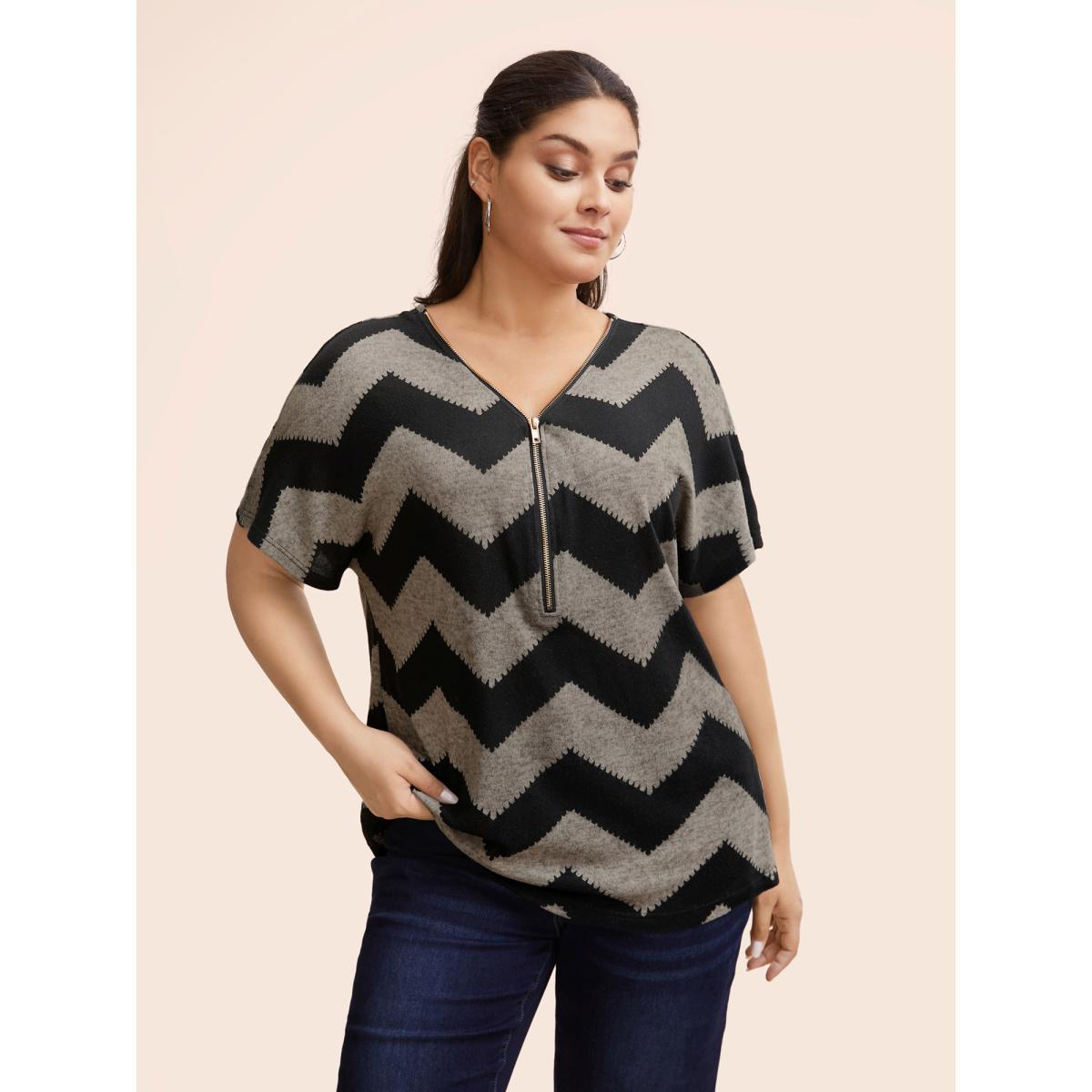 Plus Size Striped Zipper Batwing Sleeve T-shirt LightBrown Women Casual Zipper Striped V-neck Dailywear T-shirts BloomChic 18-20/2X Product Image