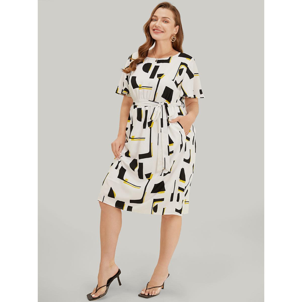 Plus Size Geometric Print Pocket Belt Flutter Sleeve Dress Black Women Elegant Contrast Round Neck Short sleeve Curvy Knee Dress BloomChic 22-24/3X Product Image