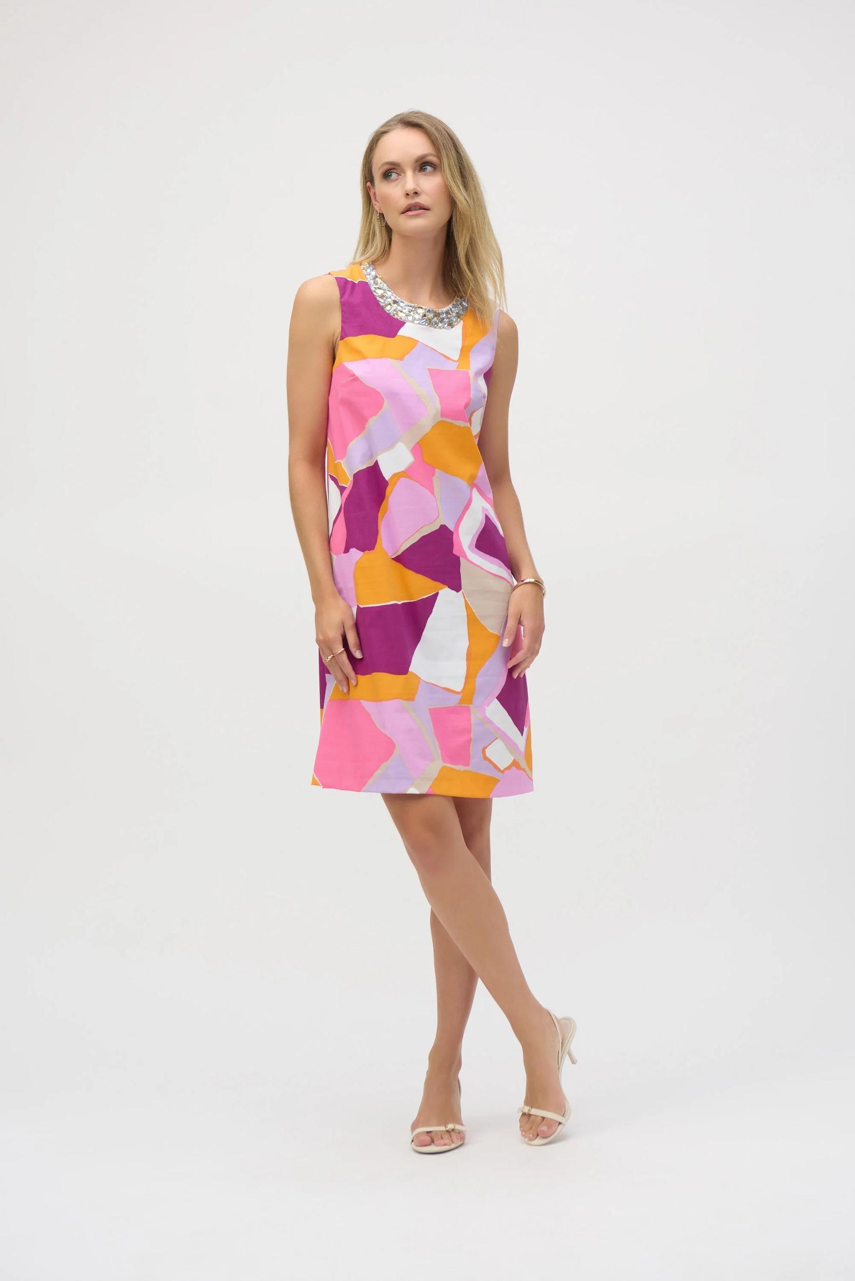 Poplin Abstract Print Trapeze Dress- Vanilla/Multi Product Image
