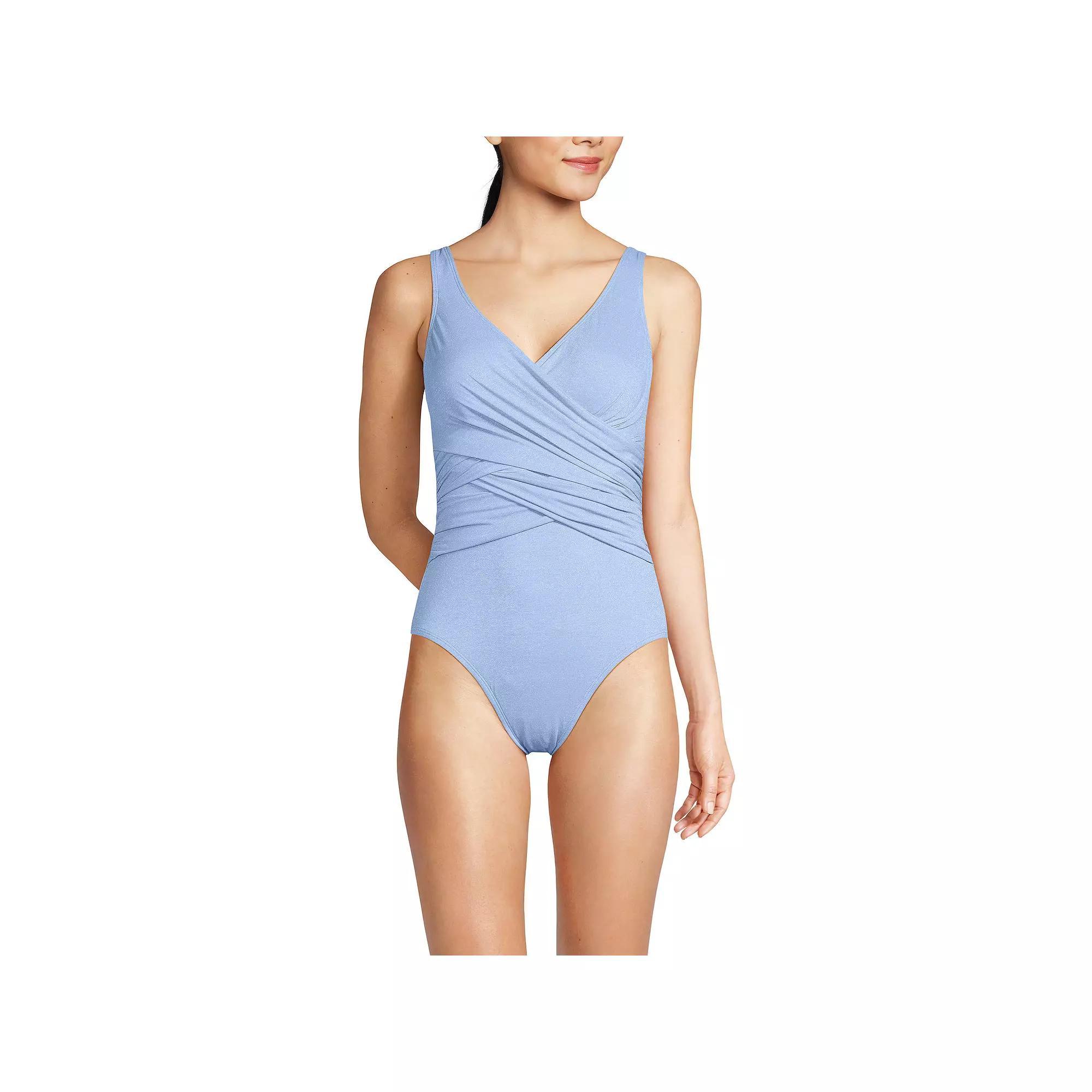 Women's Lands' End Slender Suit Shine Wrap One-Piece Swimsuit, Size: 8, Cloud Blue Shine Product Image
