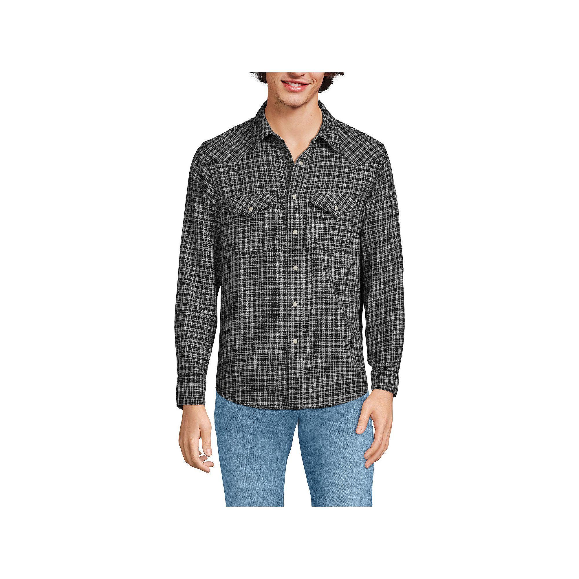 Men's Lands' End Plaid Western-Style Shirt, Size: XL, Black Gray Plaid Product Image