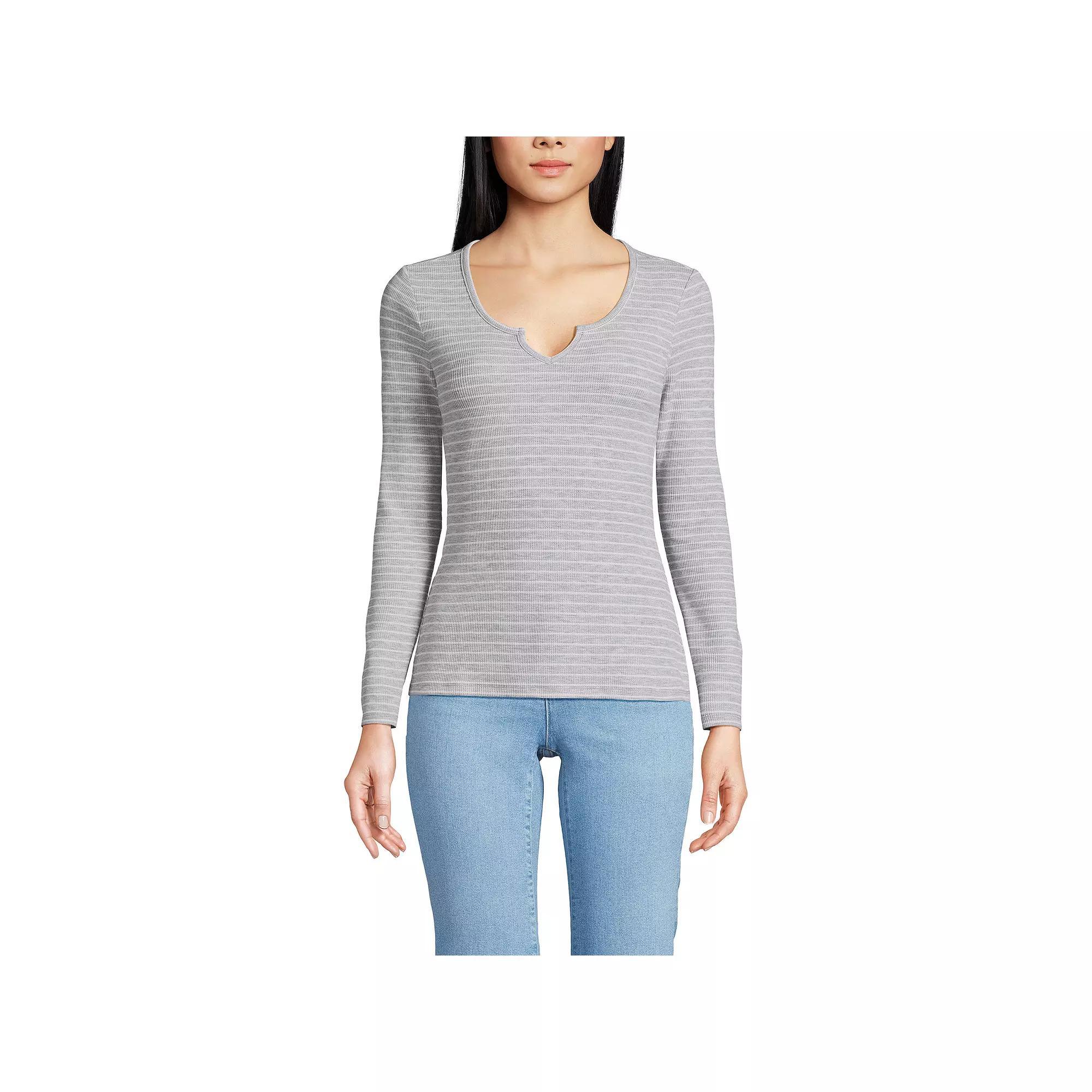 Women's Lands' End Waffle Notch Neck Top, Size: XS, Blue Breton Stripe Product Image