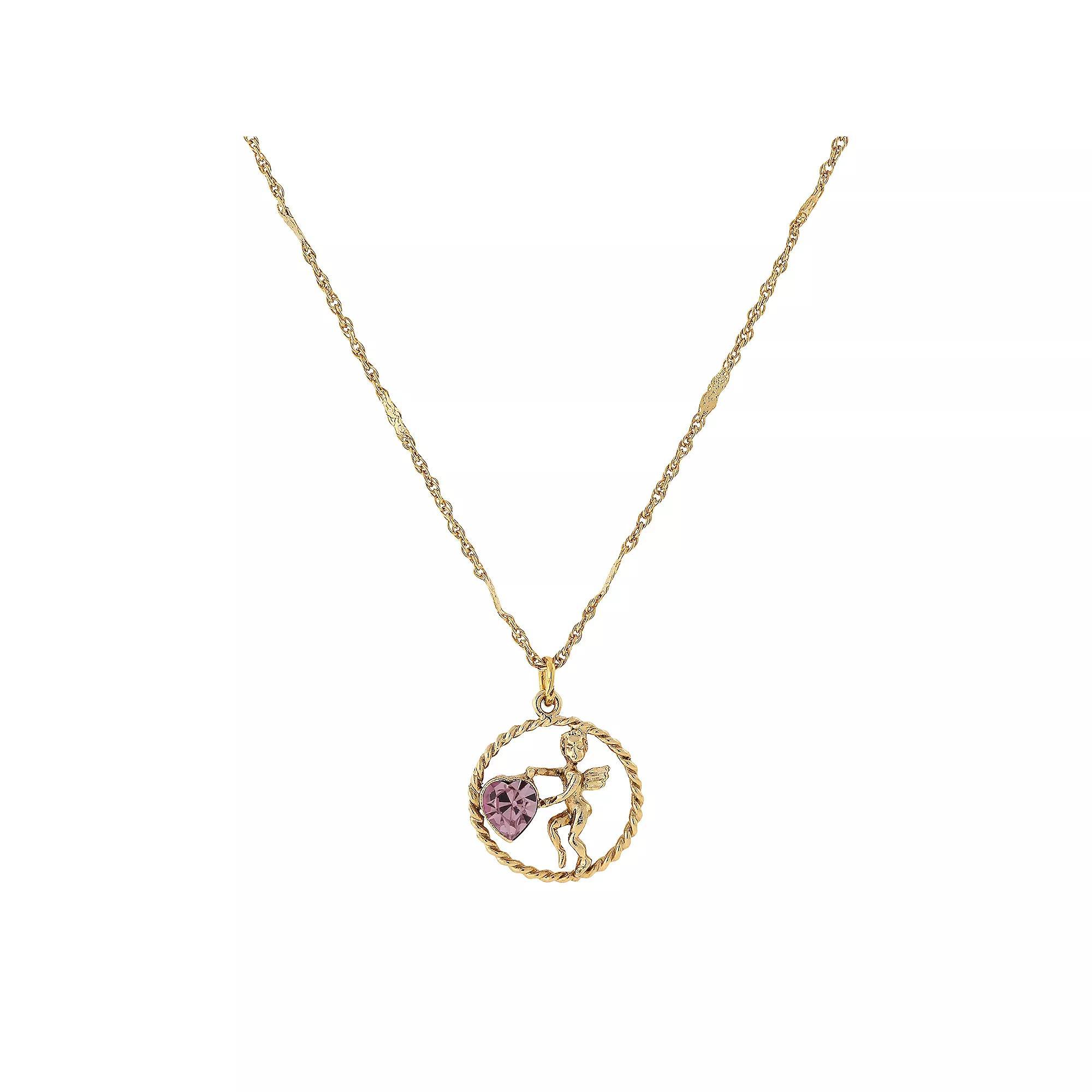 1928 Gold Tone Suspended Cherub Angel and Heart Necklace, Womens, Yellow Product Image