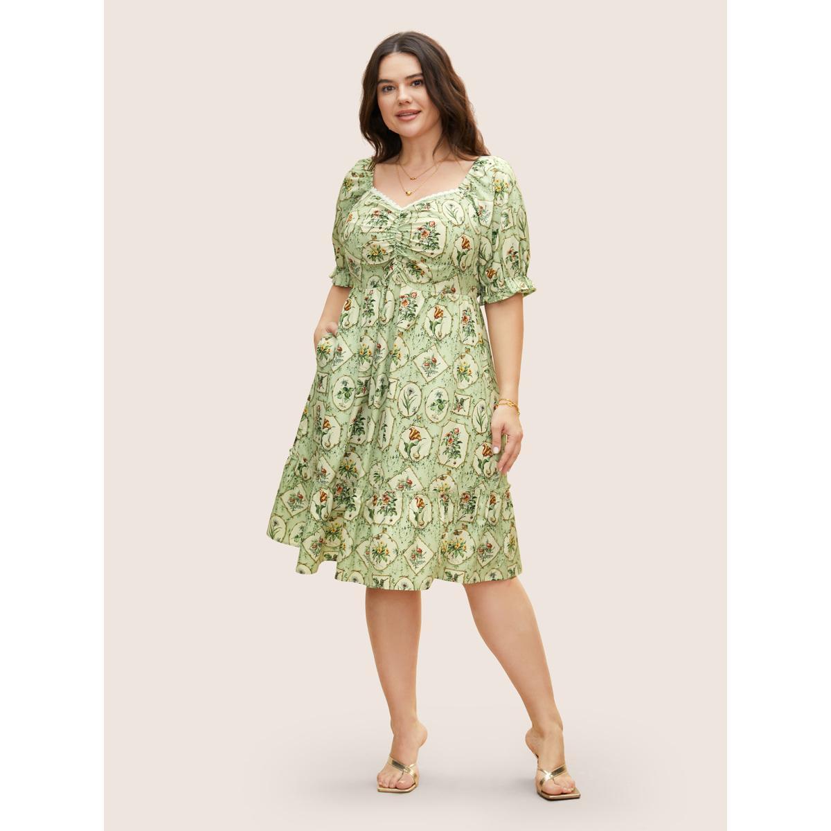 Plus Size Boho Print Frill Trim Patchwork Woven Ribbon Dress Sage Women Elegant Woven ribbon&lace trim Heart neckline Half Sleeve Curvy BloomChic 10/M Product Image