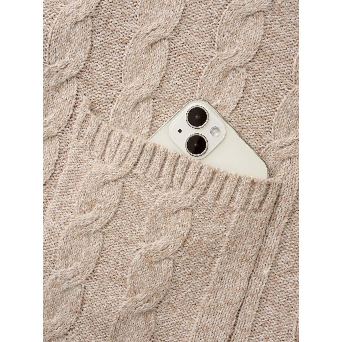 Plus Size Contrast Trim Cable Knit Pocket Cardigan Champagne Women Casual Loose Long Sleeve Everyday Cardigans BloomChic 18-20/2X Product Image