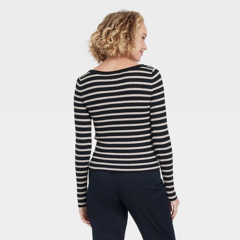 Womens Fine Gauge Ribbed Boat Neck Pullover Sweater - A New Day Black/Taupe Striped XL Product Image