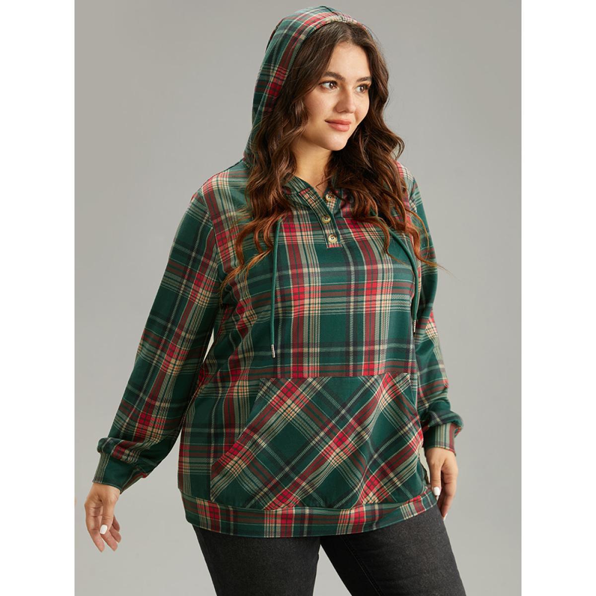 Plus Size Contrast Plaid Button Up Kangaroo Pocket Sweatshirt Women DarkGreen Casual Button Hooded Dailywear Sweatshirts BloomChic 22-24/3X Product Image