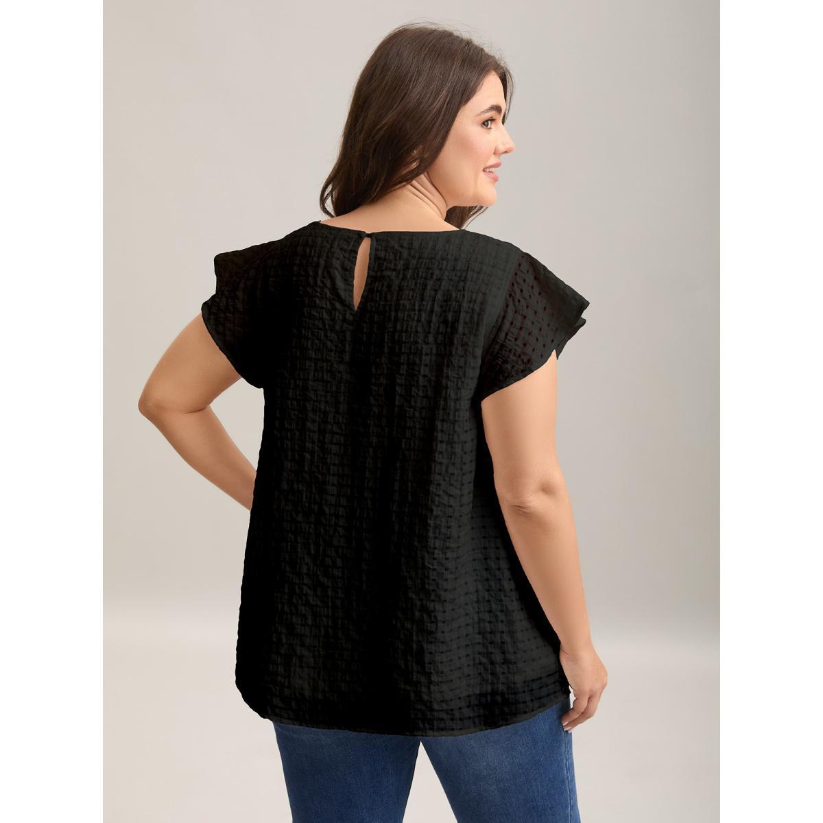Plus Size Black Textured Sheer Lined Flutter Sleeve Blouse Women Cap Sleeve Round Neck Everyday-Casual Blouses BloomChic 26/4X Product Image