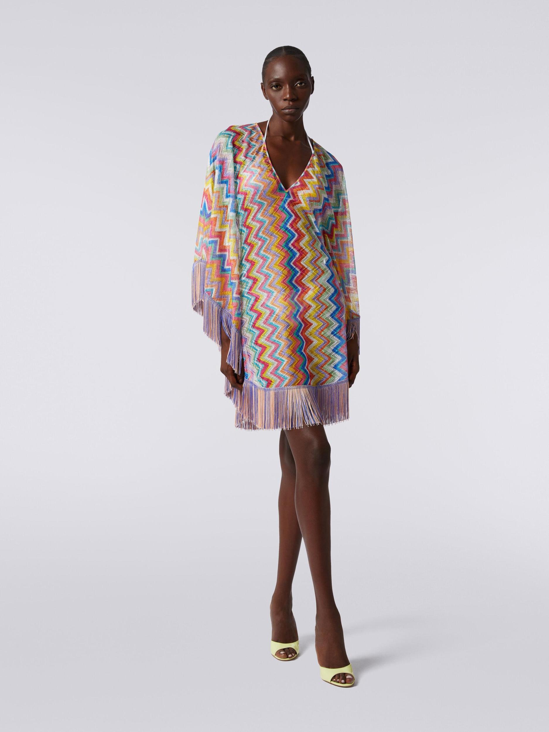 Short cover-up kaftan with zigzag print and fringes Product Image