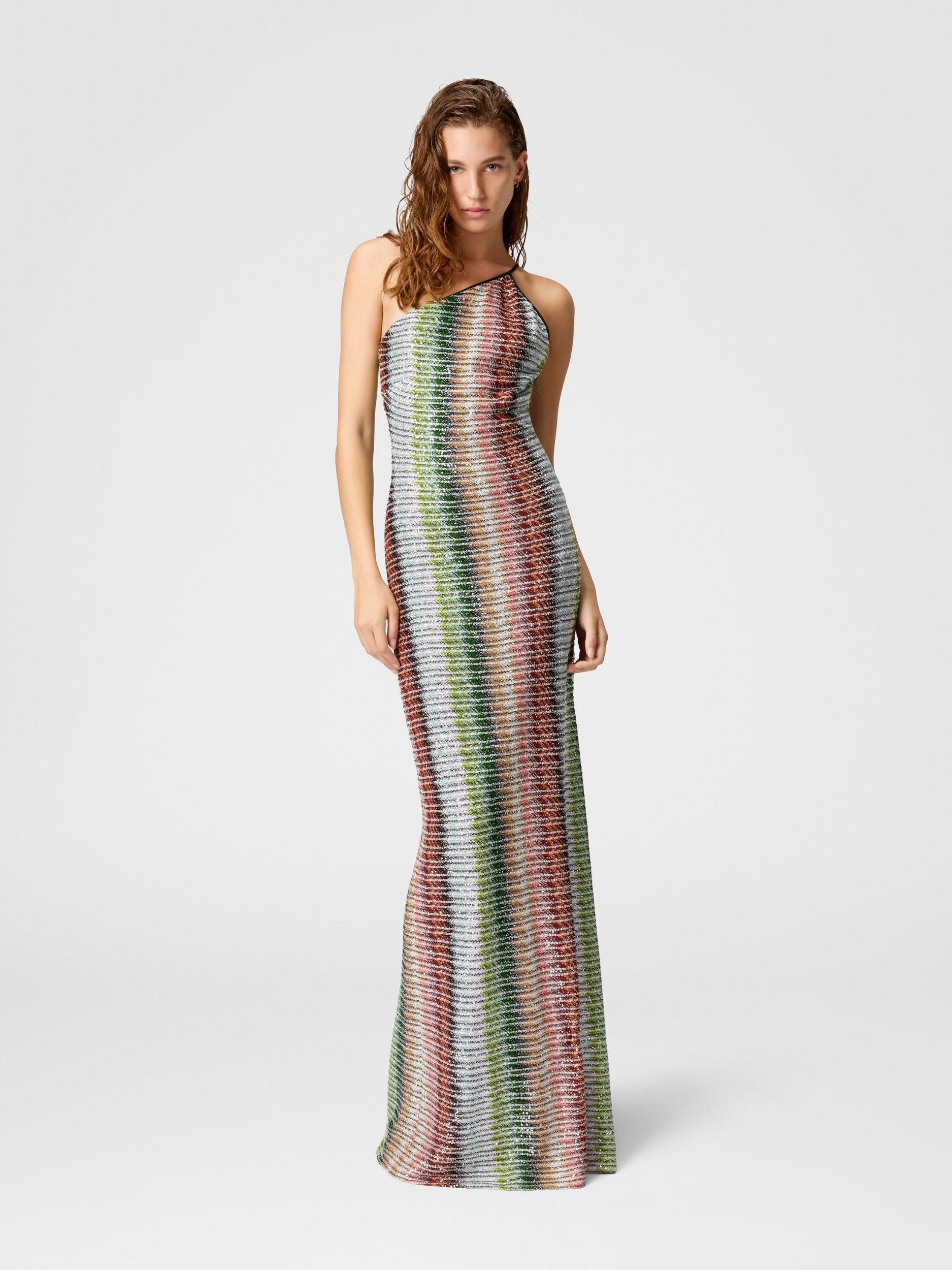 Long one-shoulder dress in gradient zigzag knit with sequins Product Image