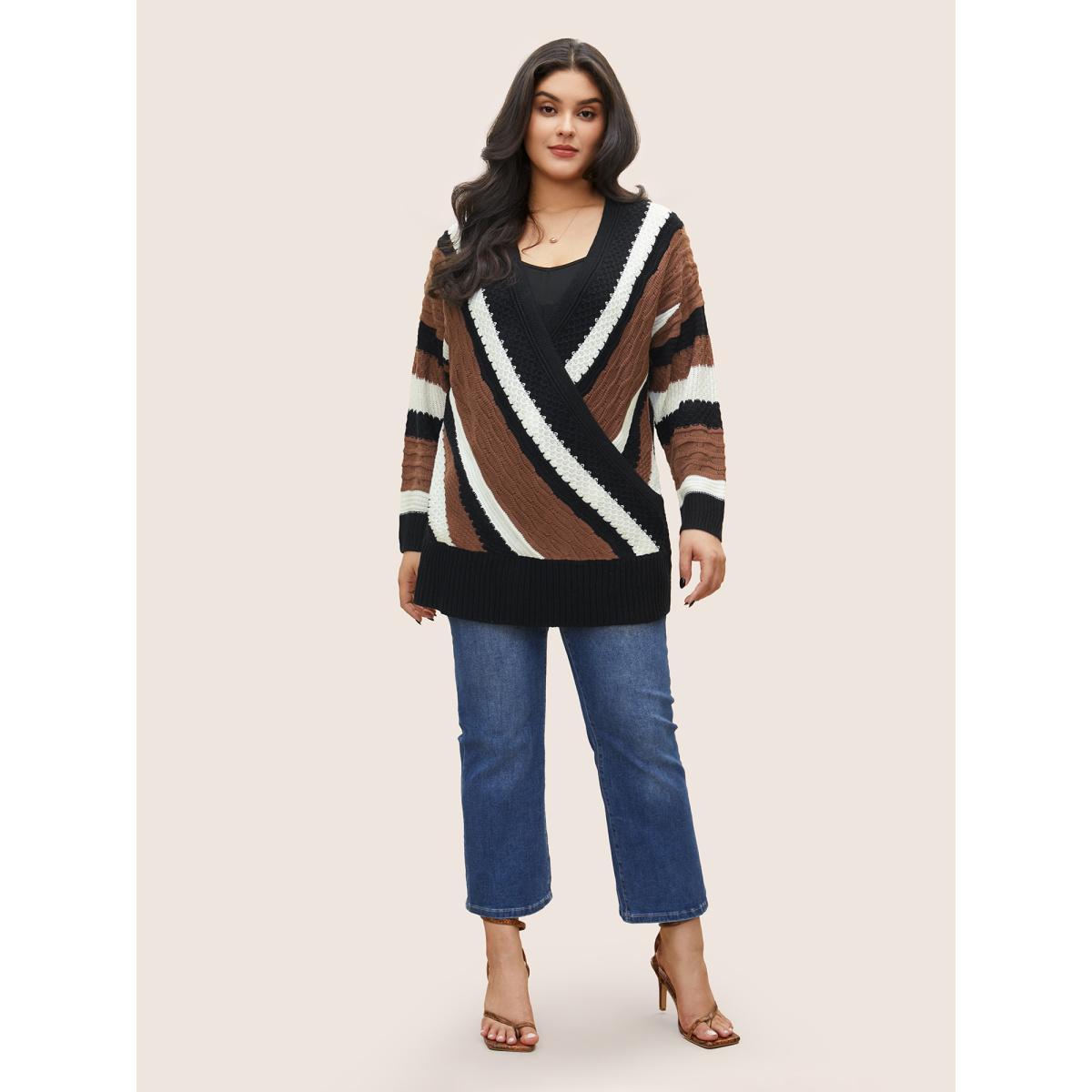 Plus Size Contrast Colorblock Wrap Deep V Neck Pullover DarkBrown Women Casual Long Sleeve Deep V-neck Everyday Pullovers BloomChic 30/6X Product Image