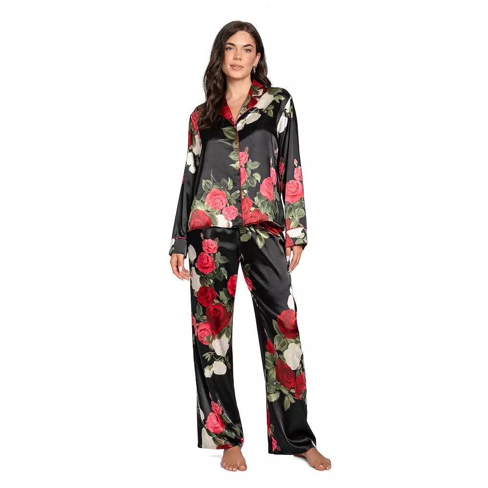 Petite Lilac+London Satin Notch Collar Pajama Top & Pajama Bottoms Set, Women's, Size: XS Petite, Black Red Product Image