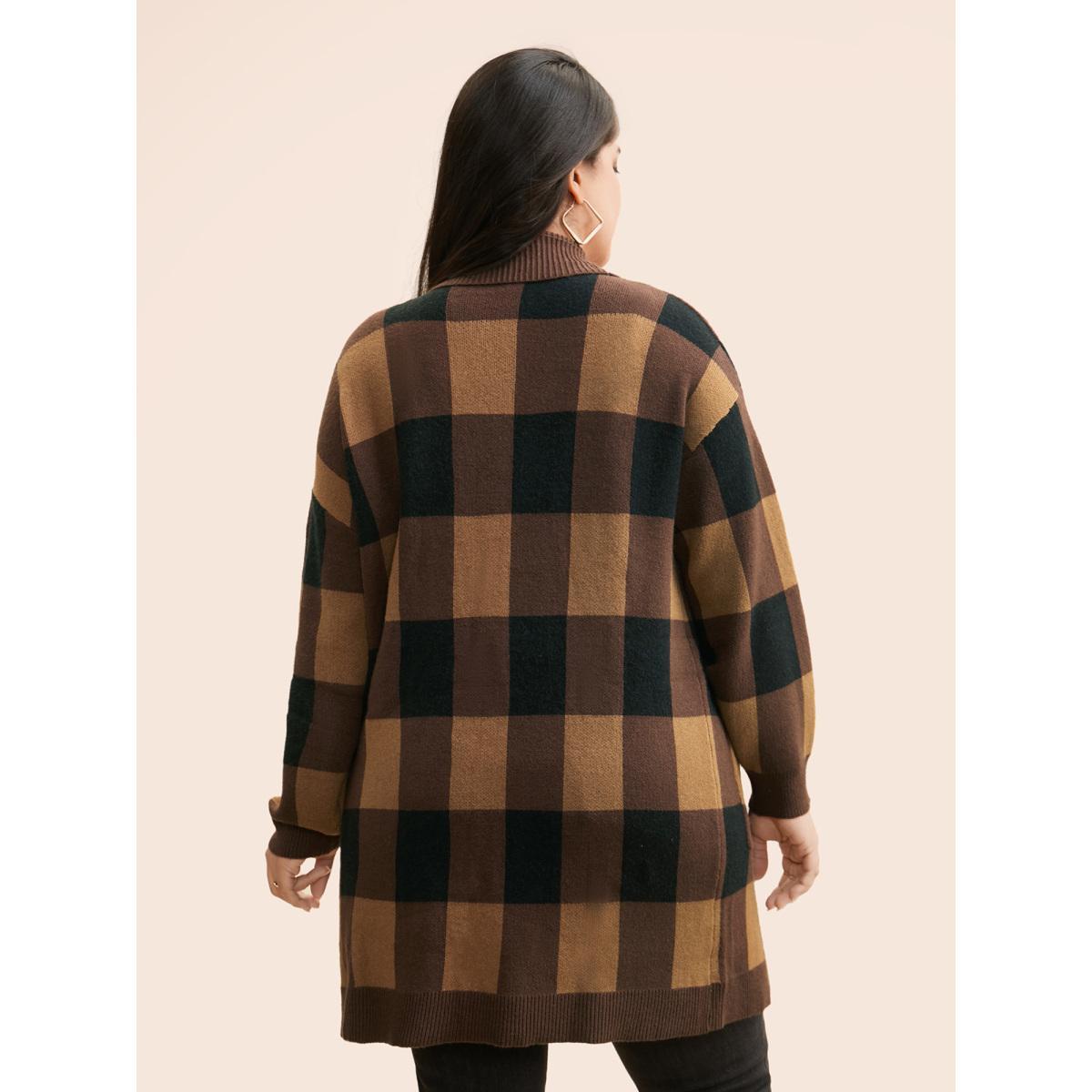 Plus Size Supersoft Essentials Plaid Kimono Collar Cardigan Browncoffeecolor Women Casual Loose Long Sleeve Everyday Cardigans BloomChic 30/6X Product Image