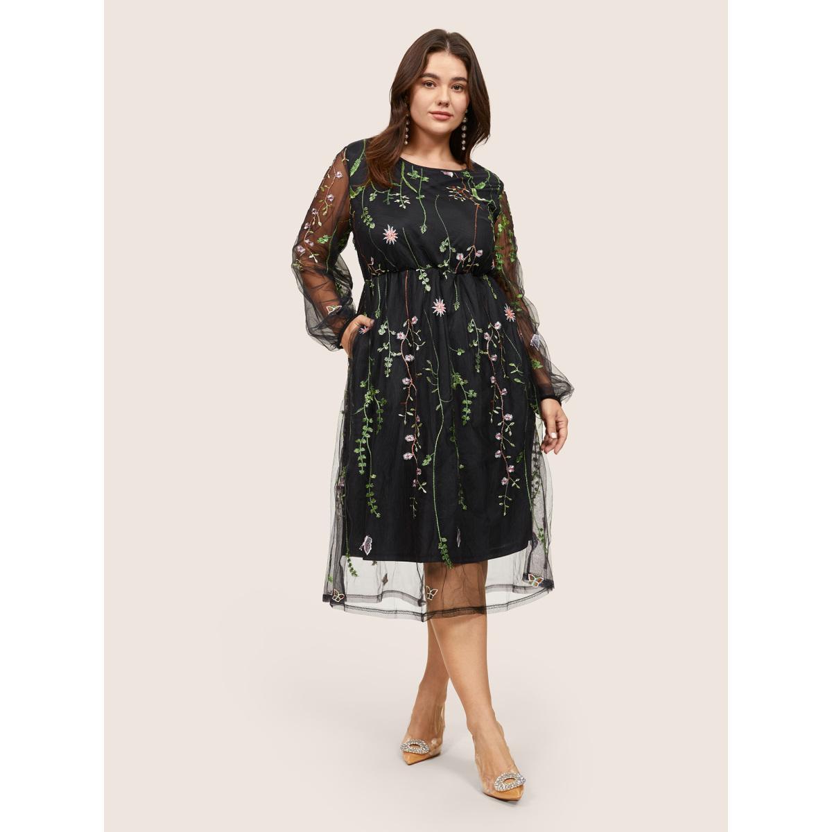 Plus Size Floral Embroidered Mesh Pocket Lantern Sleeve Dress Black Women Cocktail Elastic cuffs Round Neck Long Sleeve Curvy Midi Dress BloomChic 22-24/3X Product Image