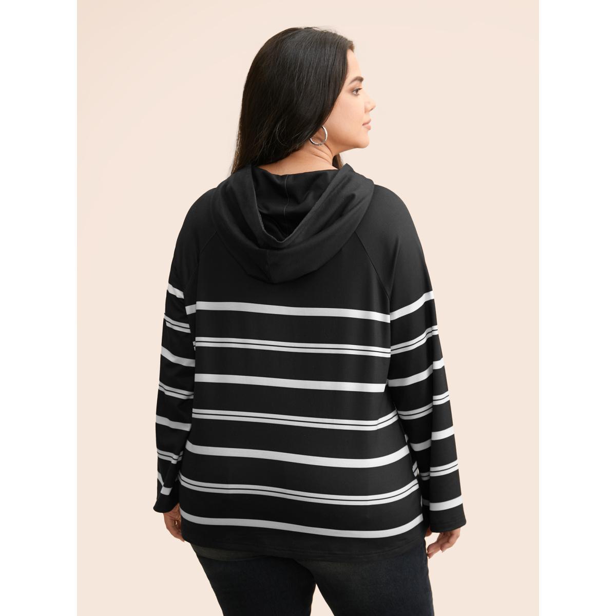 Plus Size Striped Hooded Drawstring Raglan Sleeve Sweatshirt Women Black Casual Eyelet Loose Hooded Everyday Sweatshirts BloomChic 26/4X Product Image