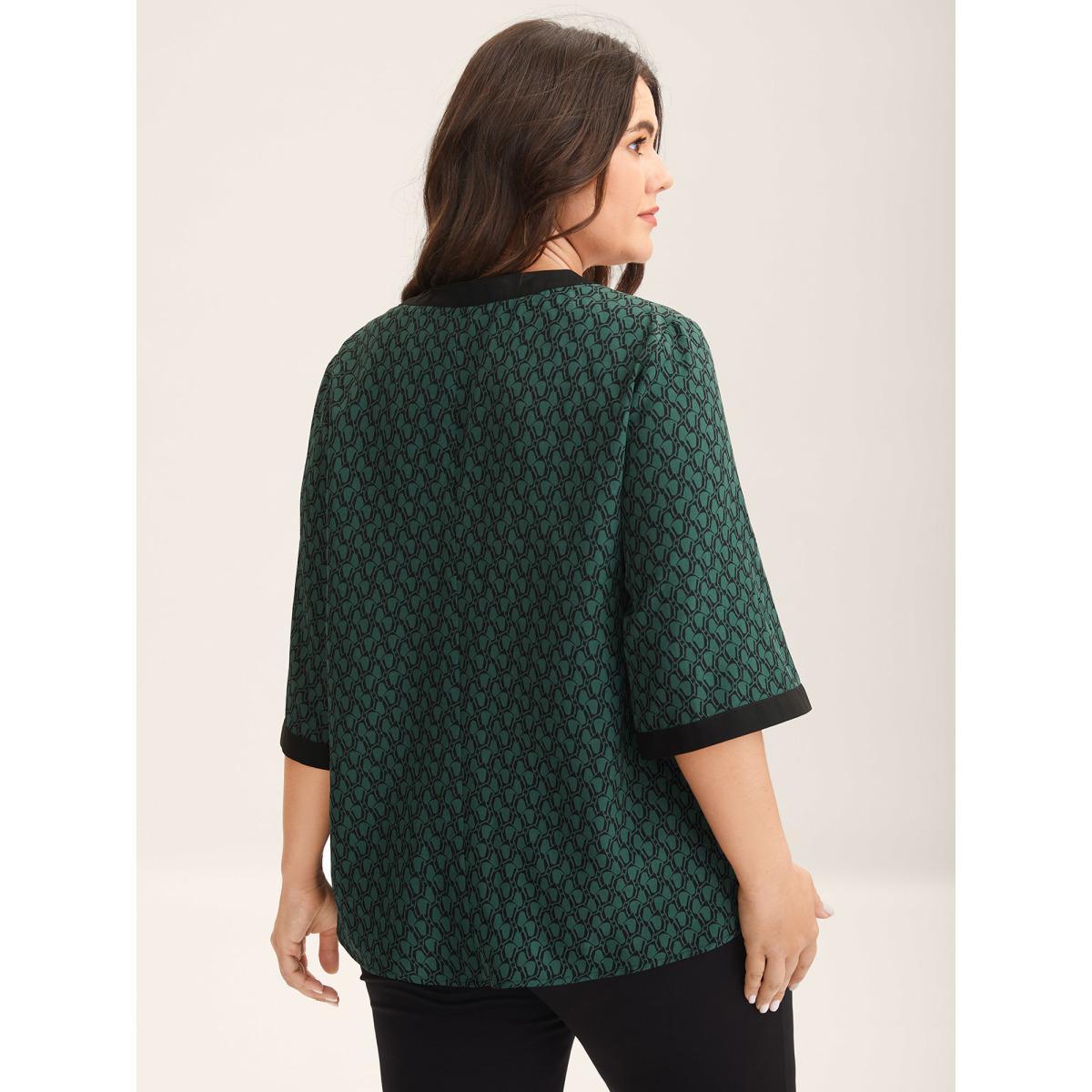 Plus Size DarkGreen Geometric Print Color Contrast Blouse Women Elbow-length sleeve Flat collar with V-notch Work Blouses BloomChic 22-24/3X Product Image