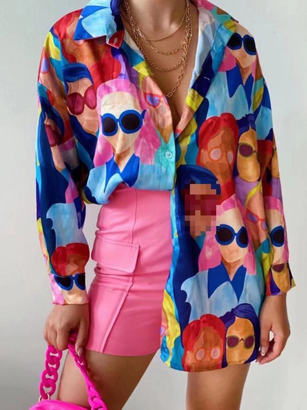 Long Sleeves Loose Buttoned Figure Printed Lapel Blouses&Shirts Tops Product Image