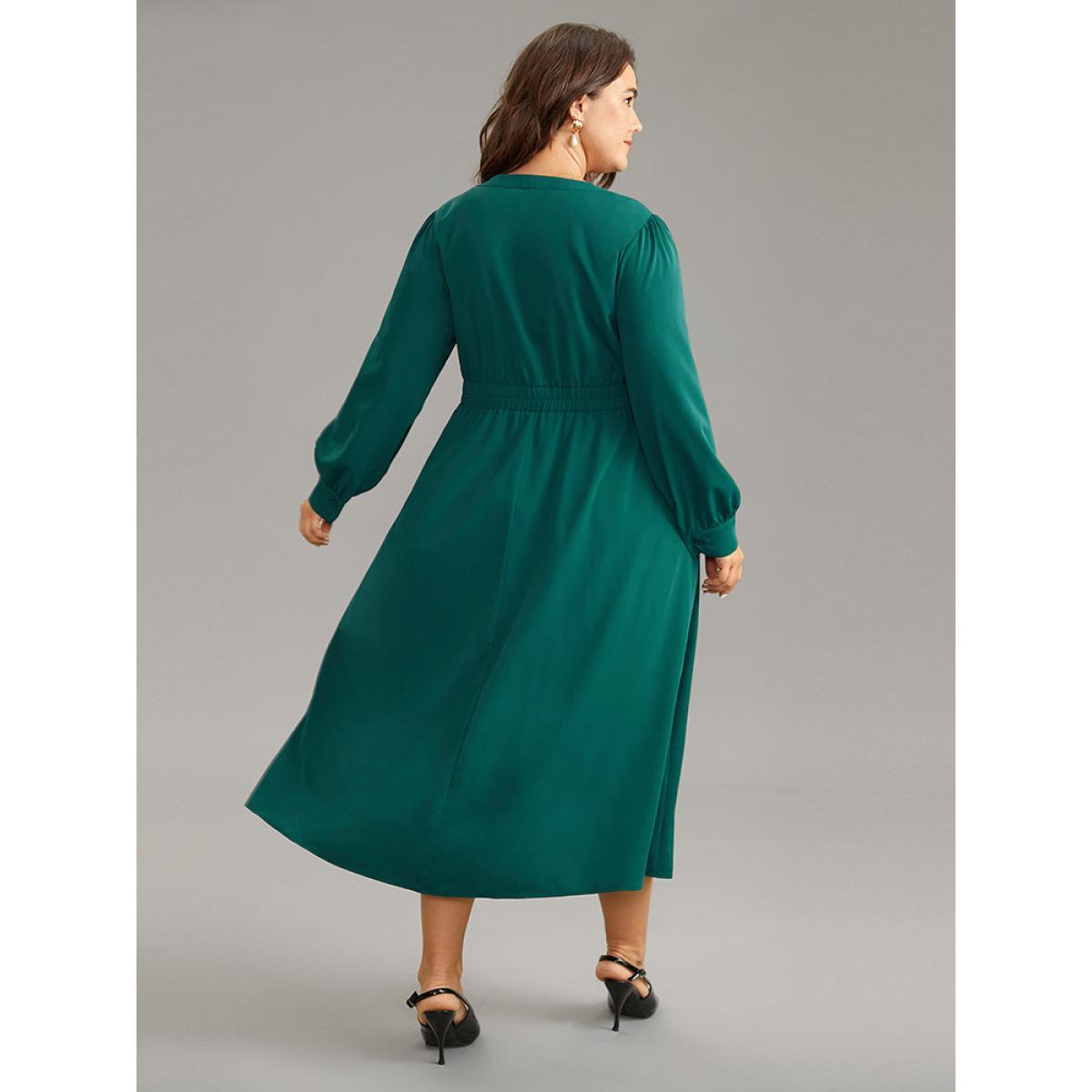 Plus Size Anti-Wrinkle Shirred Gathered Notched Dress Teal Women Office Plain Notched collar Long Sleeve Curvy Midi Dress BloomChic 10/M Product Image