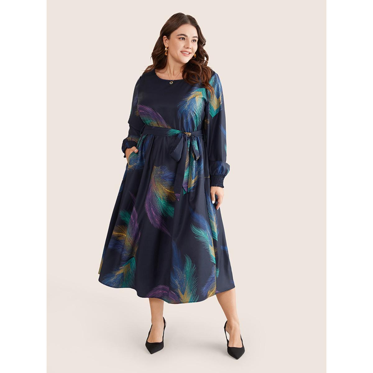 Plus Size Colored Feather Belted Shirred Cuffs Dress DarkBlue Women Elegant Belted Round Neck Long Sleeve Curvy Midi Dress BloomChic 26/4X Product Image