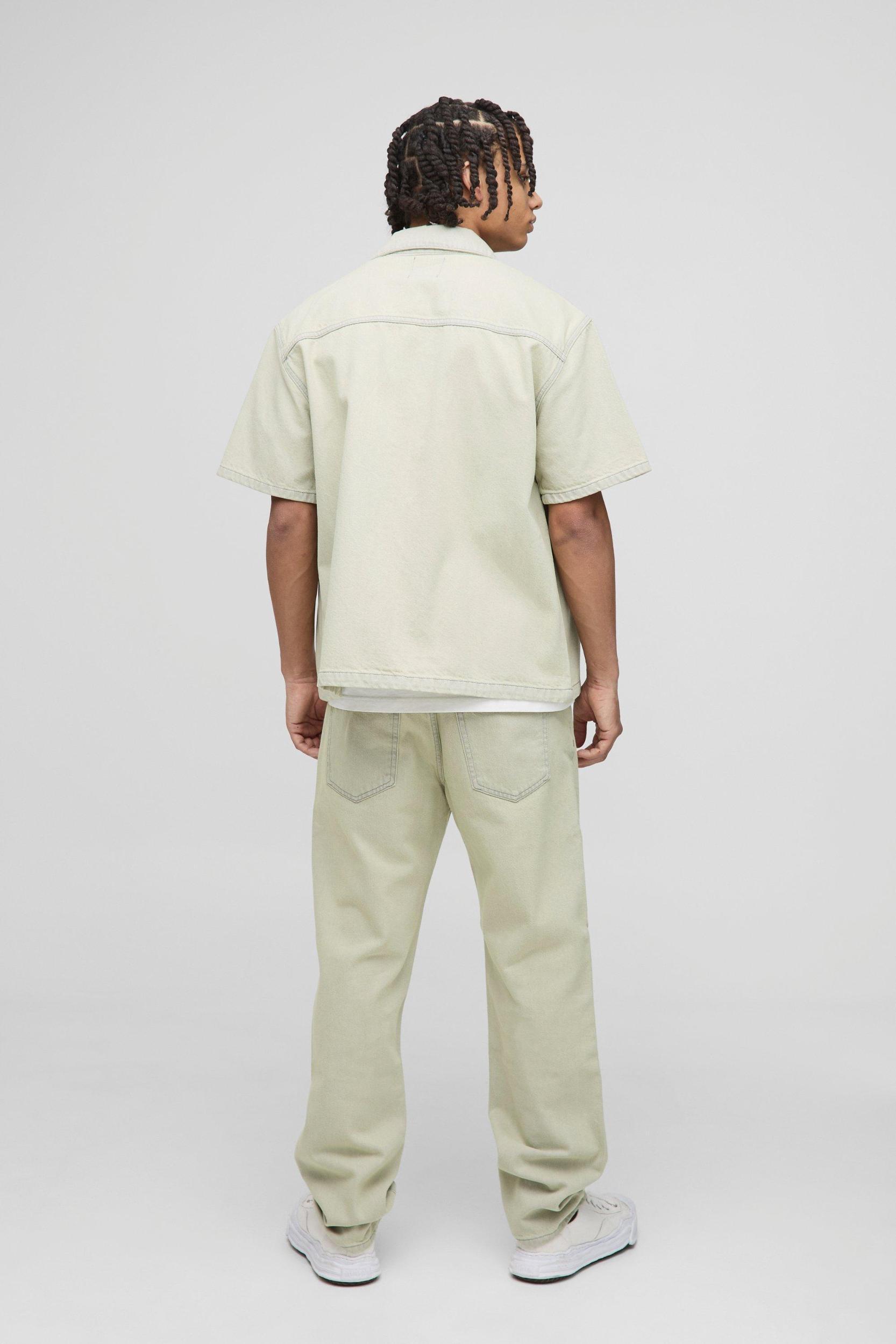 Boxy Revere Light Stone Washed Denim Shirt | boohooMAN USA Product Image