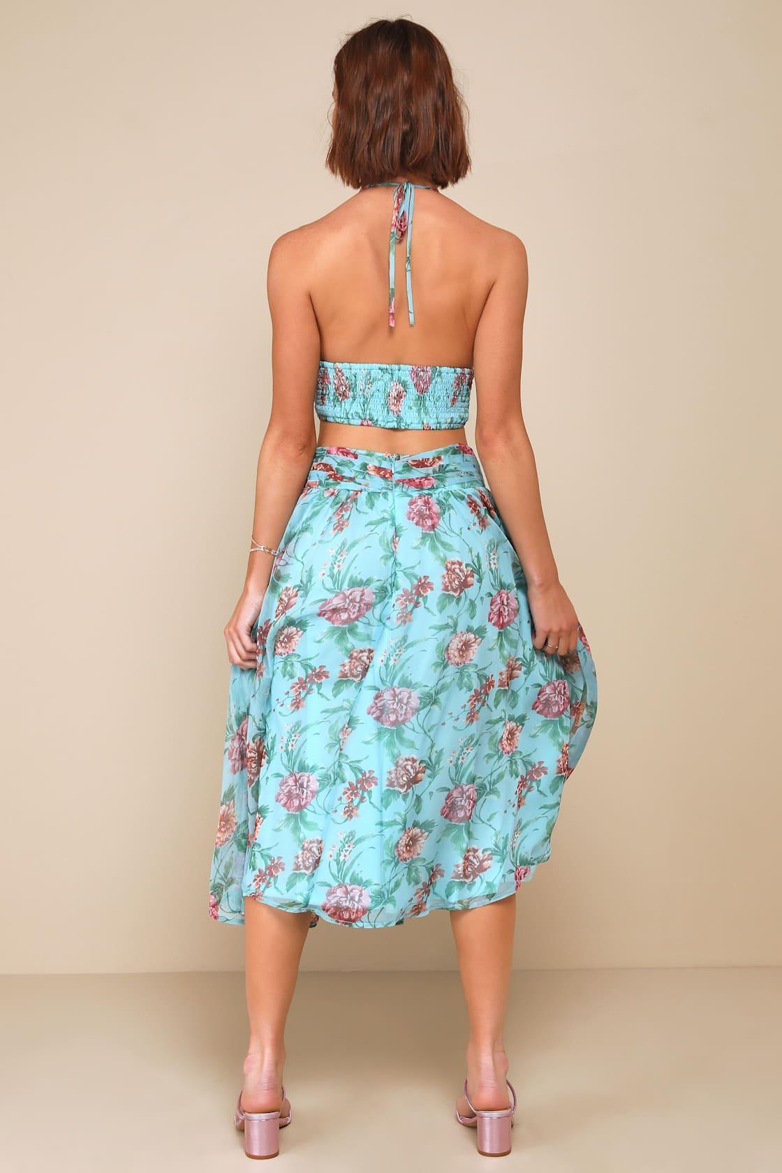 Exceedingly Radiant Blue Floral O-Ring Cutout Halter Midi Dress Product Image