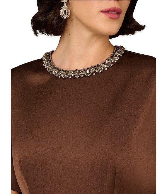 Aidan Mattox Crepe Back Satin Beaded Crew Neck Dolman Sleeves Sheath Midi Dress Product Image