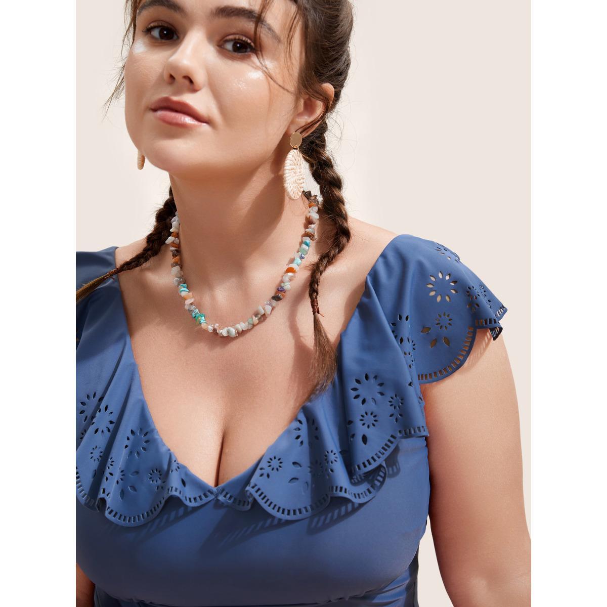 Plus Size Plain Laser Cut Flutter Trim One Piece Swimsuit Women's Swimwear Indigo Beach Gathered Curve Bathing Suits High stretch One Pieces BloomChic 22-24/3X Product Image