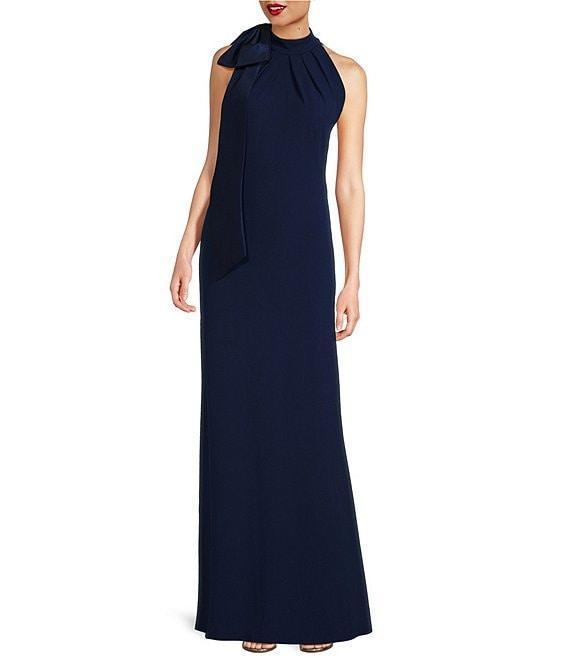 Tadashi Shoji Crepe Halter Mock Neck Taffeta Bow Sleeveless Gown Product Image