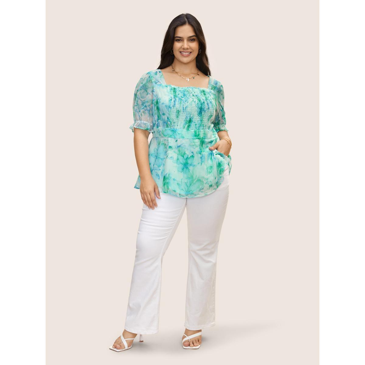 Plus Size Mint Square Neck Watercolor Floral Mesh Shirred Blouse Women Elegant Short sleeve Square Neck Everyday Blouses BloomChic 18-20/2X Product Image