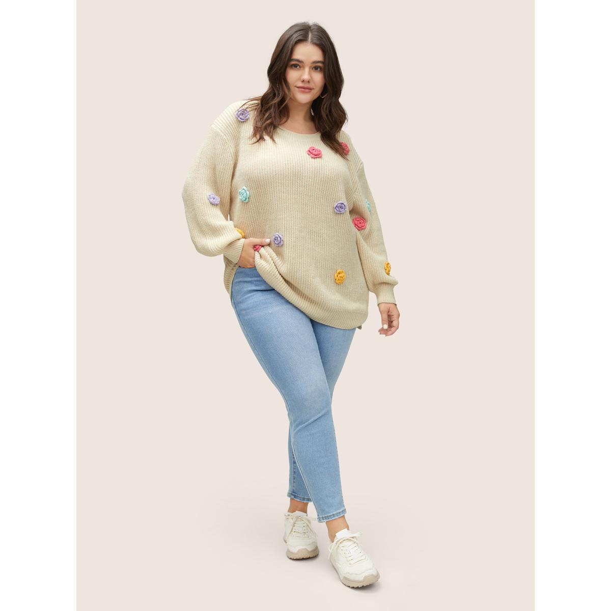 Plus Size Stereo Flower Design Split Hem Pullover Apricot Women Casual Long Sleeve Round Neck Everyday Pullovers BloomChic 28/5X Product Image