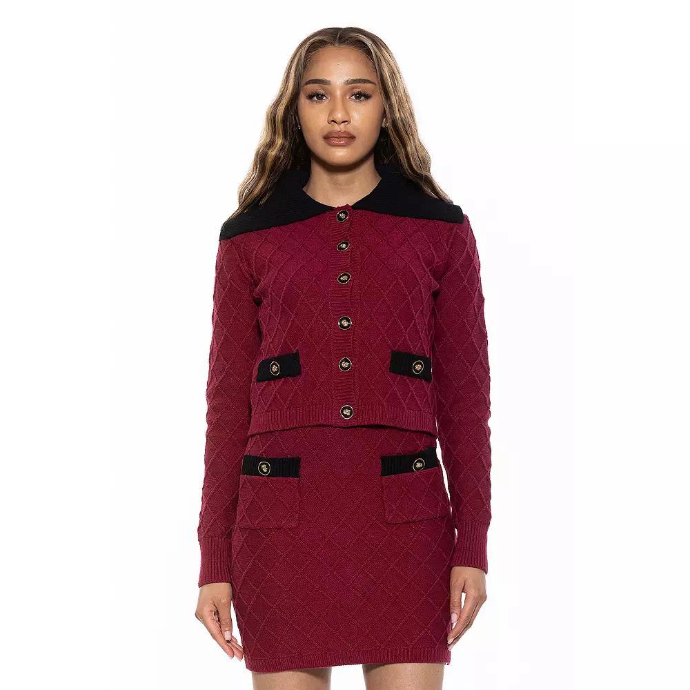 Women's ALEXIA ADMOR Alina Wide Contrast Collared Knit Cardigan, Size: Medium, Burgandy Product Image