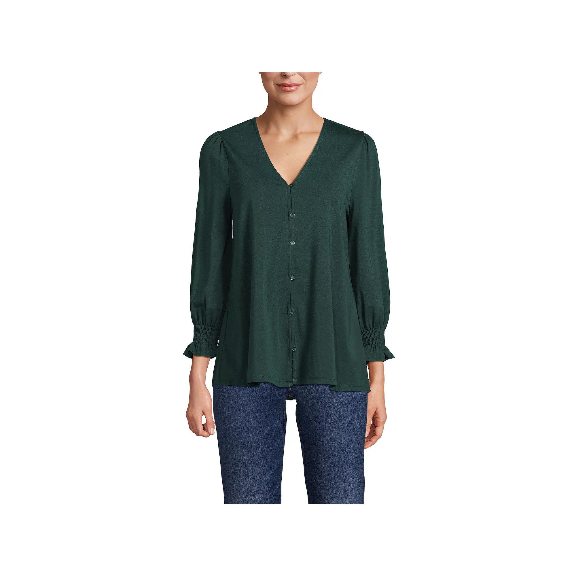 Petite Lands' End 3/4 Sleeve Lightweight Jersey Button Front Top, Women's, Size: Small Petite, Deep Green Product Image