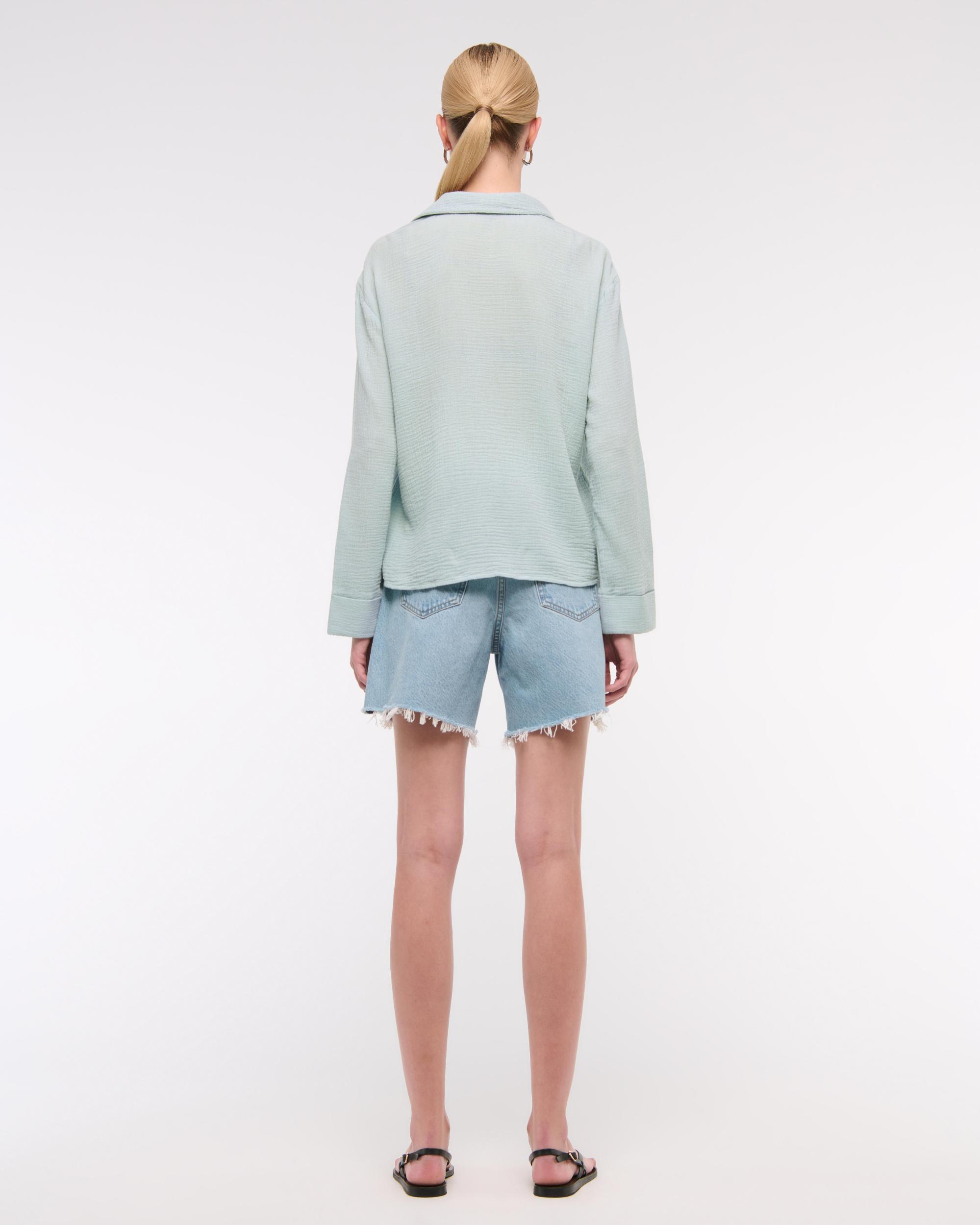 Long-Sleeve Oversized Tie-Front Gauzy Shirt Product Image