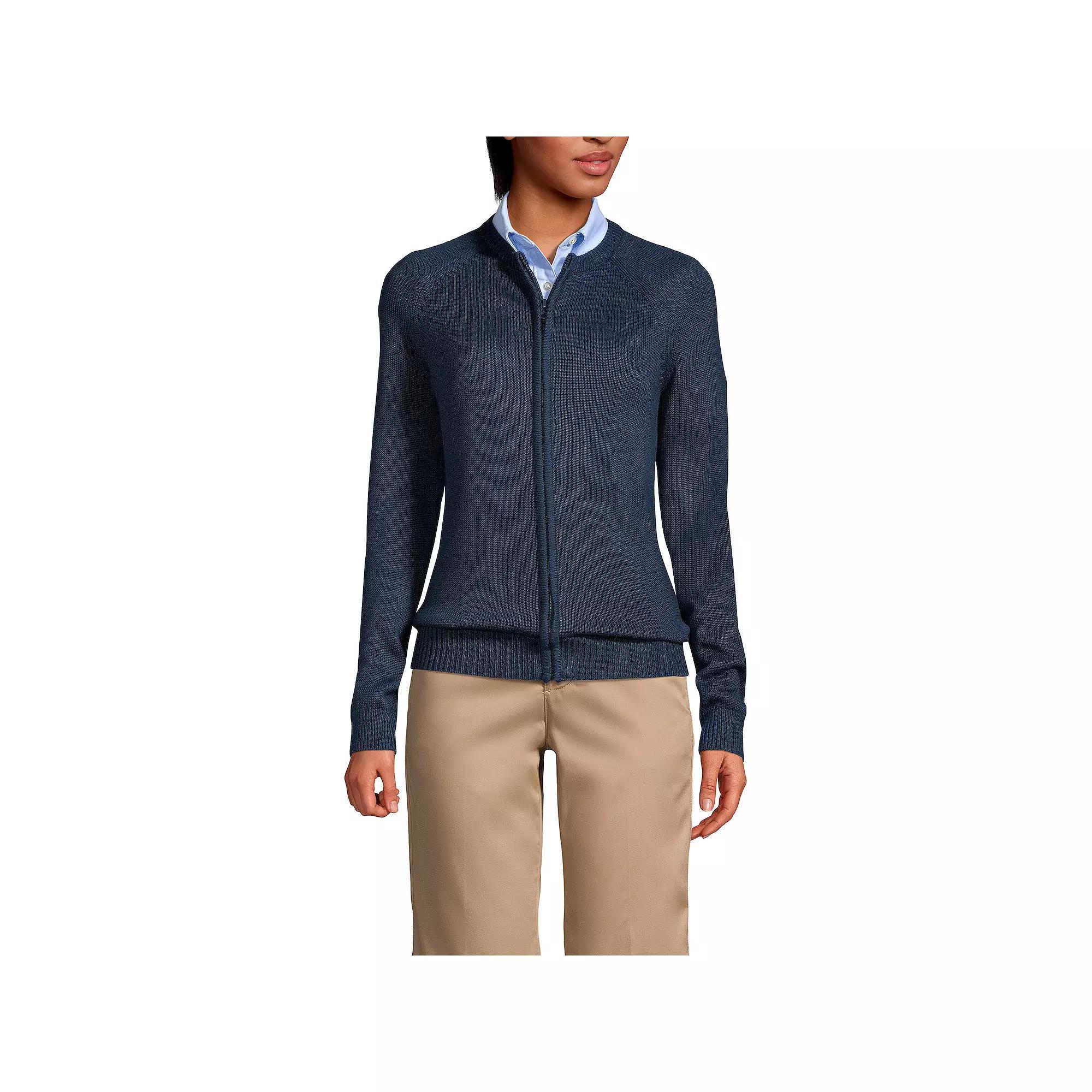 Women's Lands' End School Uniform Zipper-Front Cardigan Sweater, Size: Large, Classic Blue Product Image