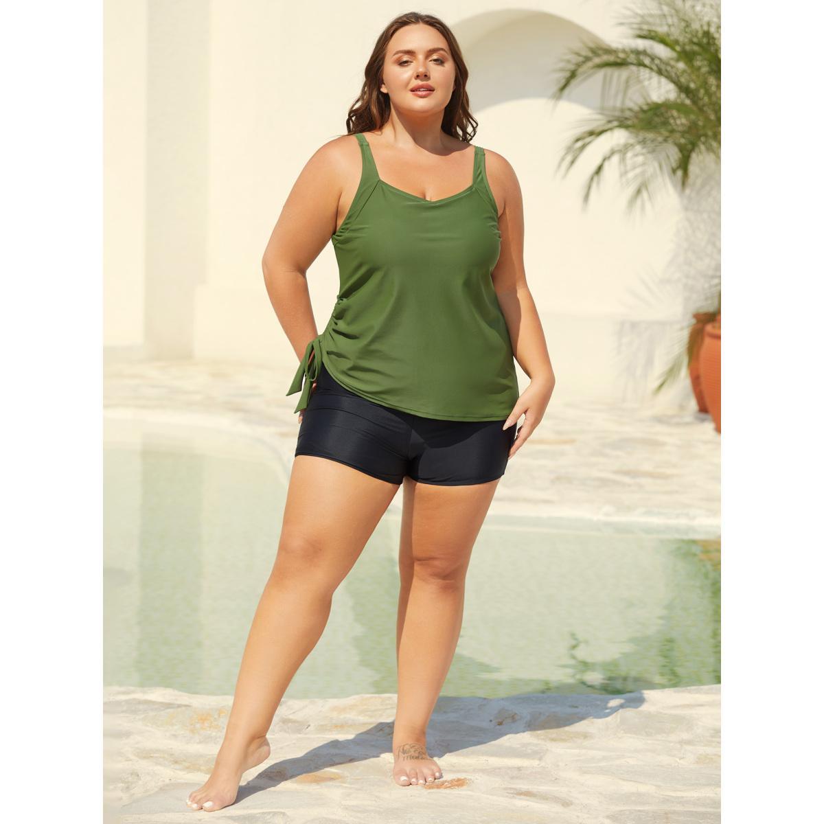 Plus Size Non-Removable Cups Asymmetrical Hem Swim Tankini Women's Swimwear ArmyGreen Beach High stretch Skinny Heart neckline Curve Swim Tops BloomChic 14-16/1X Product Image