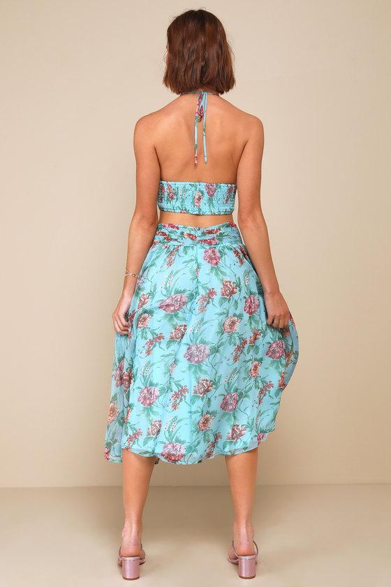 Exceedingly Radiant Blue Floral O-Ring Cutout Halter Midi Dress Product Image