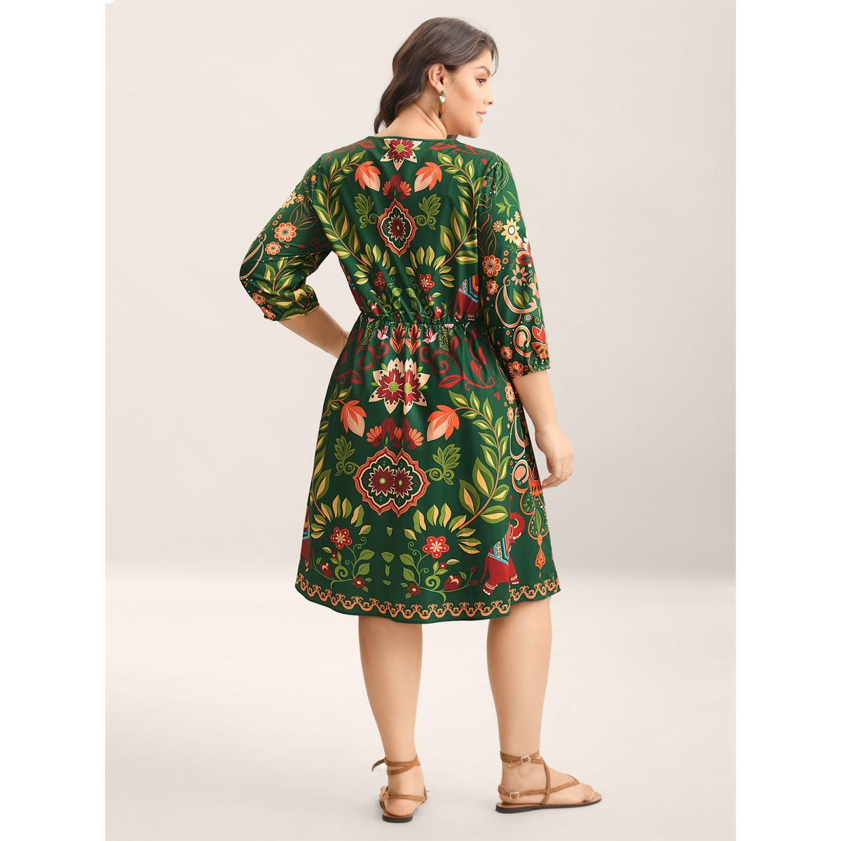 Plus Size Boho Print V-Neck Pockets Midi Dress Truegreen Women Resort Non V-neck Elbow-length sleeve Curvy BloomChic 22-24/3X Product Image