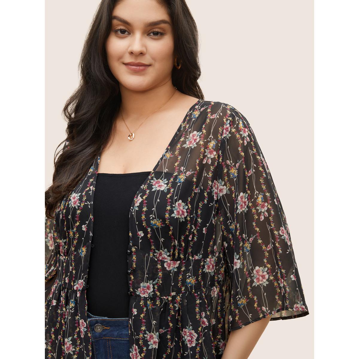 Plus Size Floral Mesh Bell Sleeve Curved Hem Kimono Women Black Elegant Asymmetrical Everyday Kimonos BloomChic 30/6X Product Image