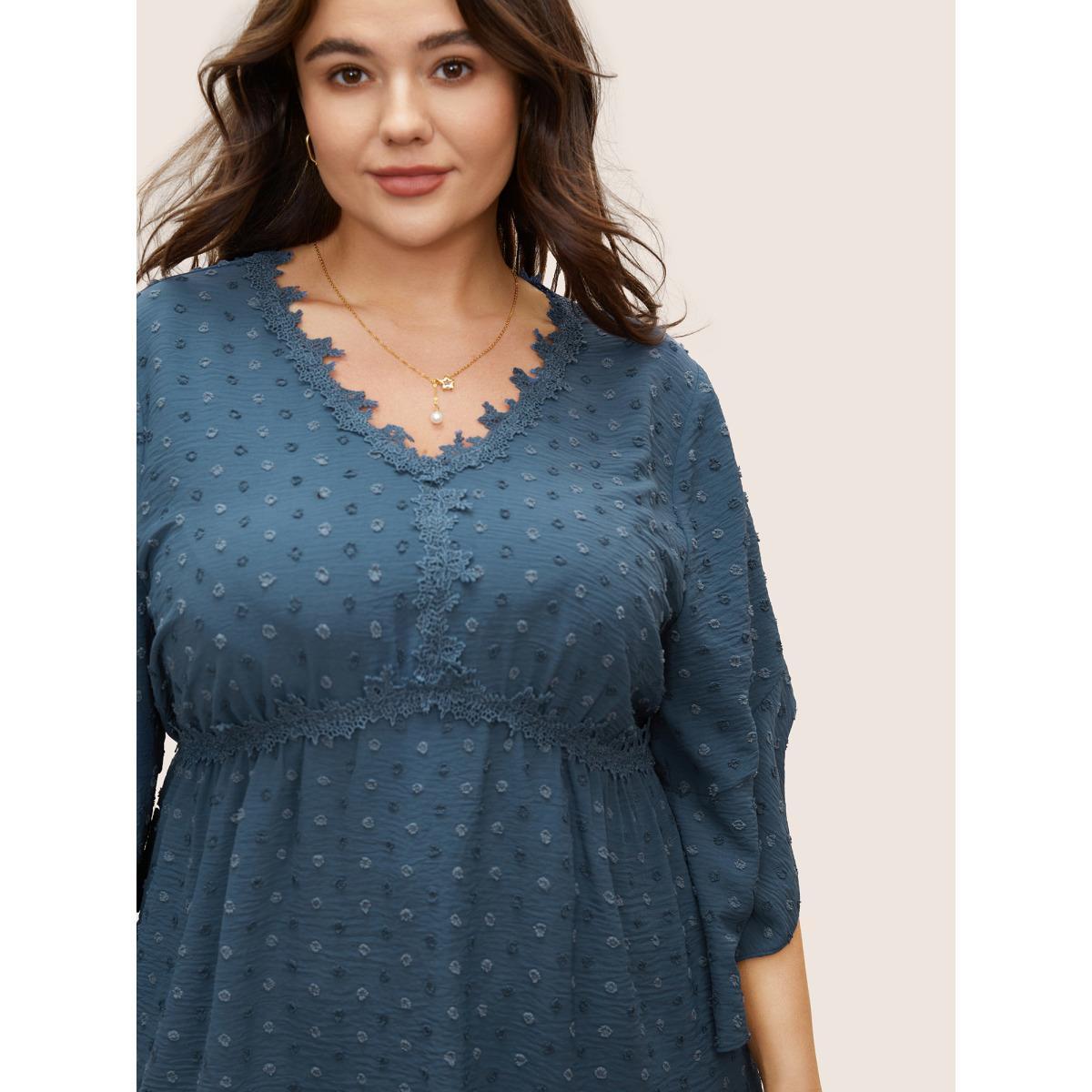 Plus Size Stone Polka Dot Textured Petal Sleeve Lace Trim Blouse Women Elegant Half Sleeve V-neck Work Blouses BloomChic 22-24/3X Product Image