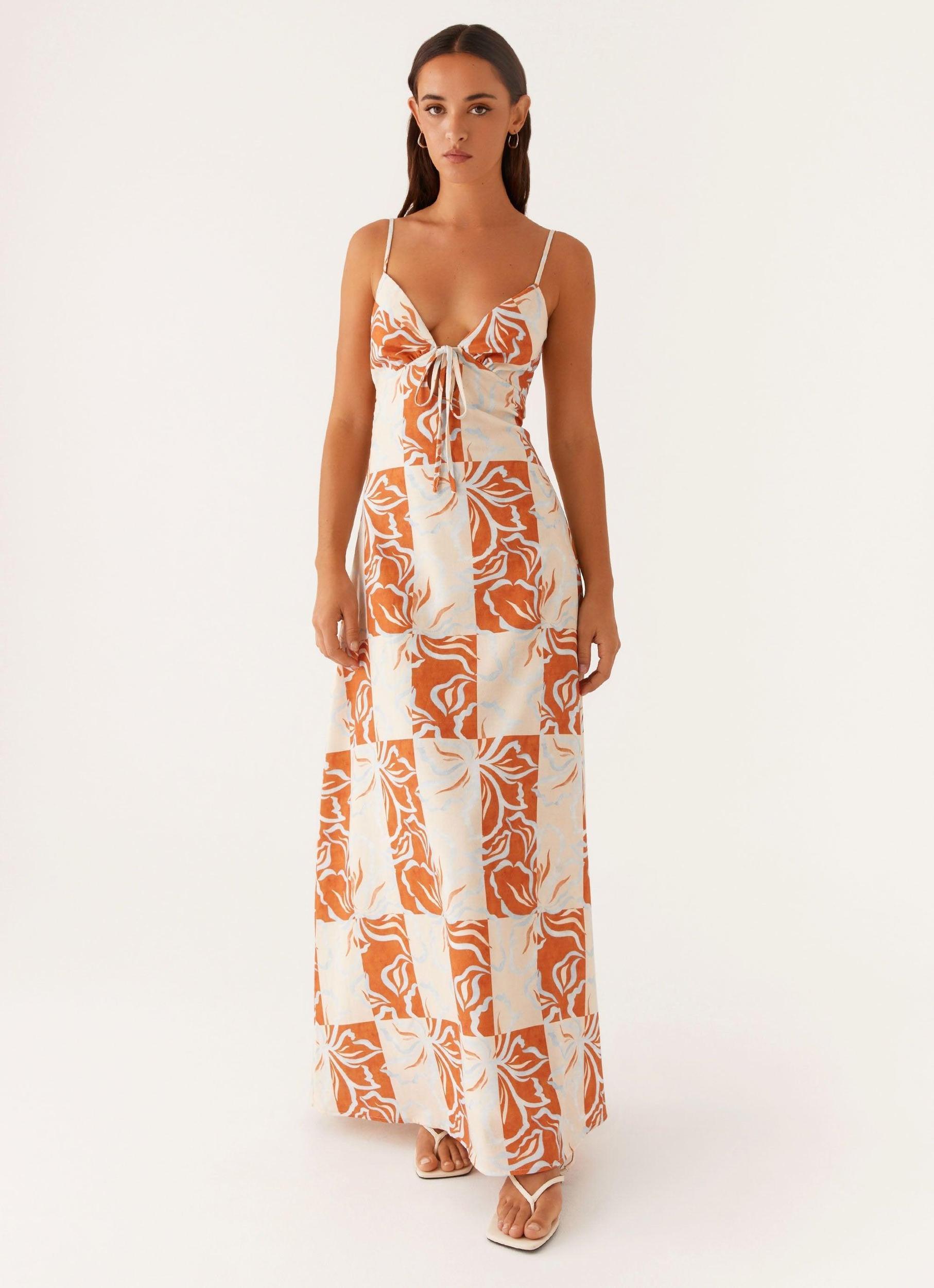 Flora Linen Maxi Dress - Orange Blue Floral Product Image
