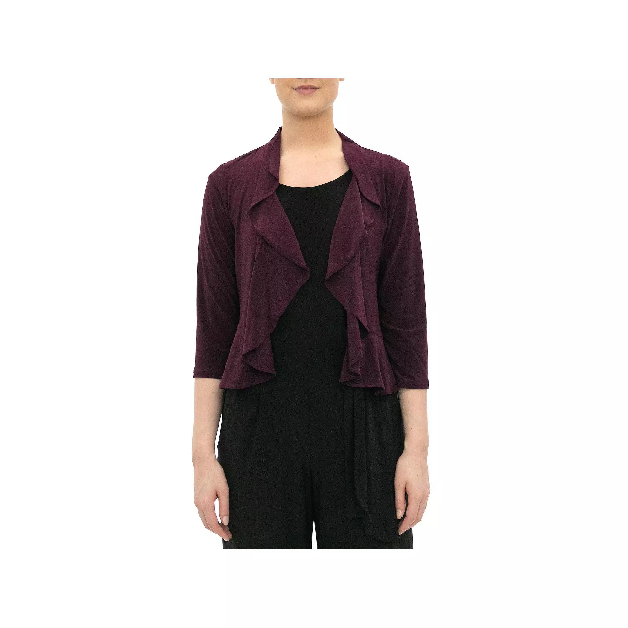 Women's Nina Leonard Ruffle Open-Front Cardigan, Size: Small, Black Plum Product Image