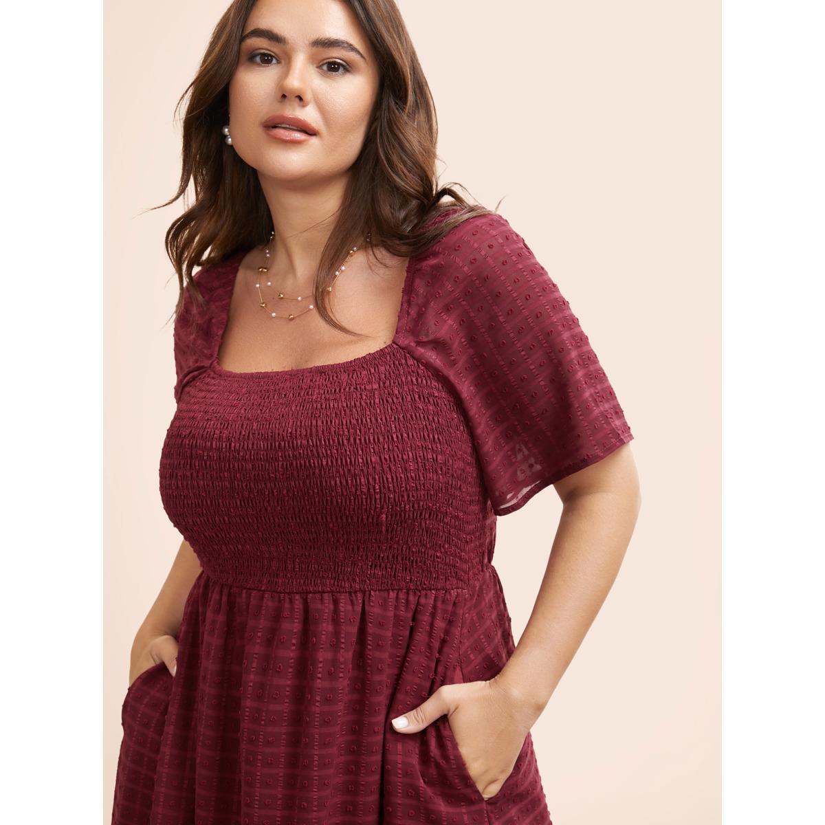 Plus Size Square Neck Textured Shirred Midi Dress Burgundy Women Elegant Texture Square Neck Short sleeve Curvy BloomChic 18-20/2X Product Image