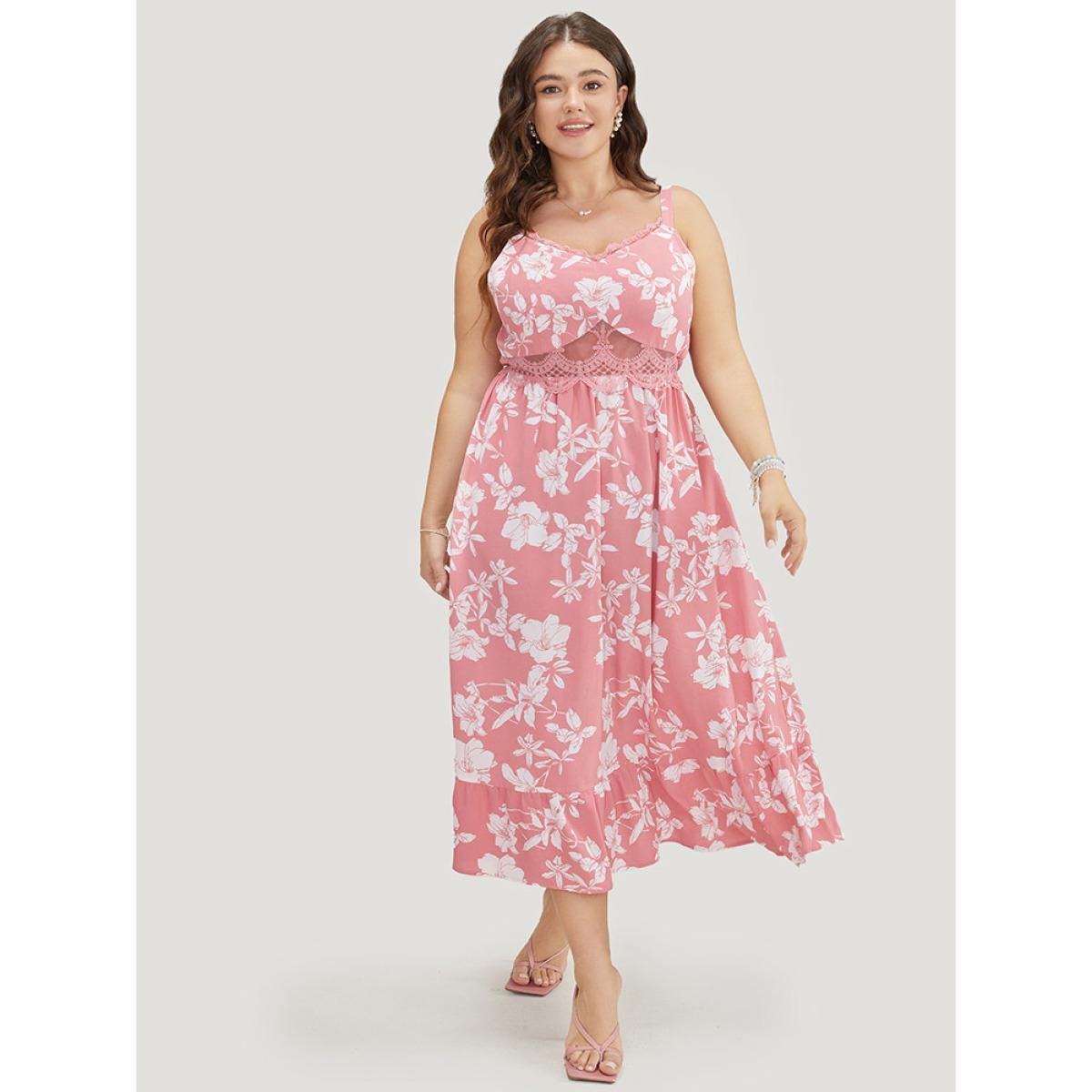 Plus Size Floral Ruffle Hem Pocket Lace Mesh Insert Cami Dress Rouge Women Elegant Adjustable Straps Spaghetti Strap Sleeveless Curvy Midi Dress BloomChic 28/5X Product Image